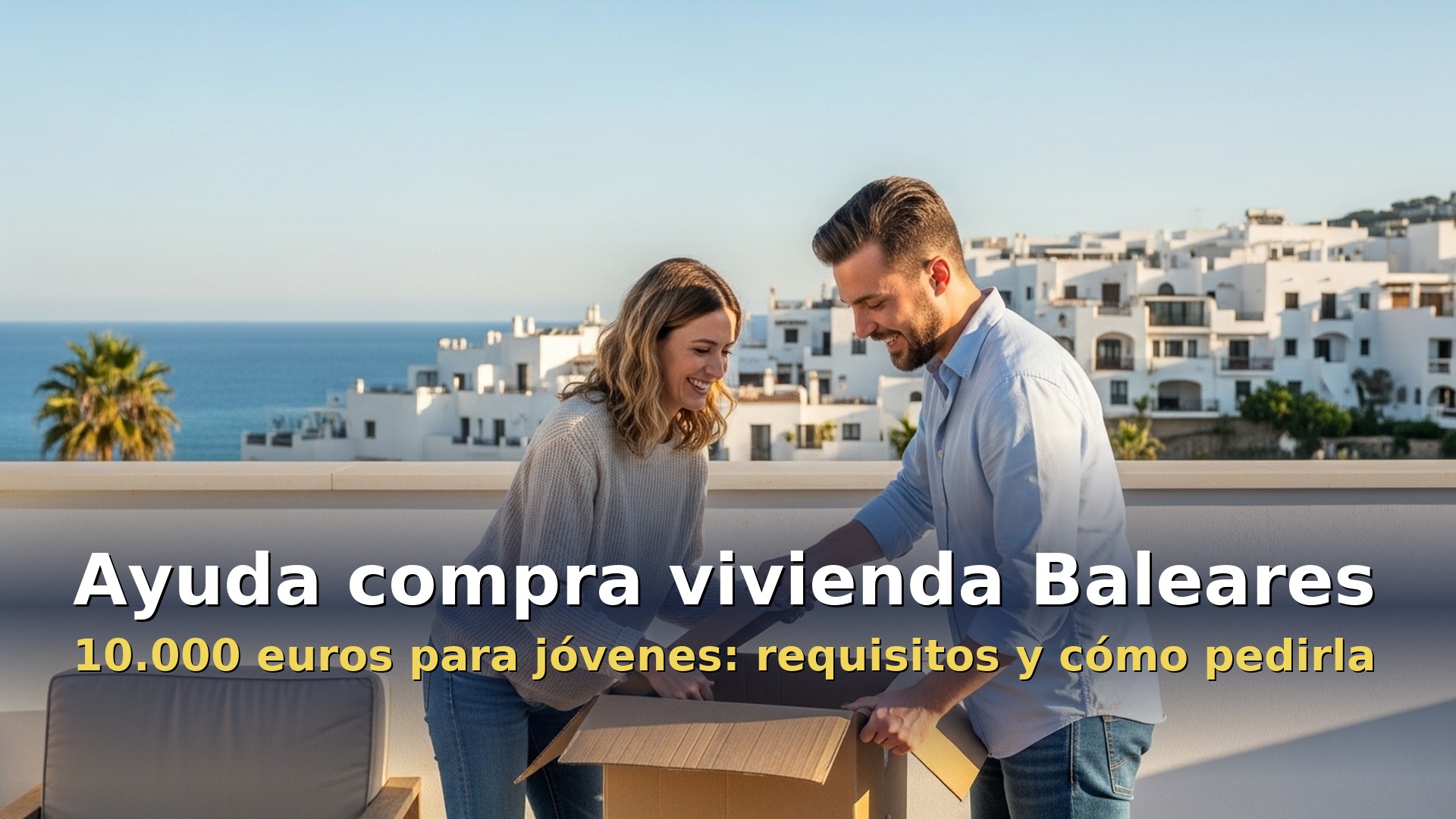 ayuda compra vivienda baleares: pareja joven con cajas de mudanza en una terraza con el mar de fondo