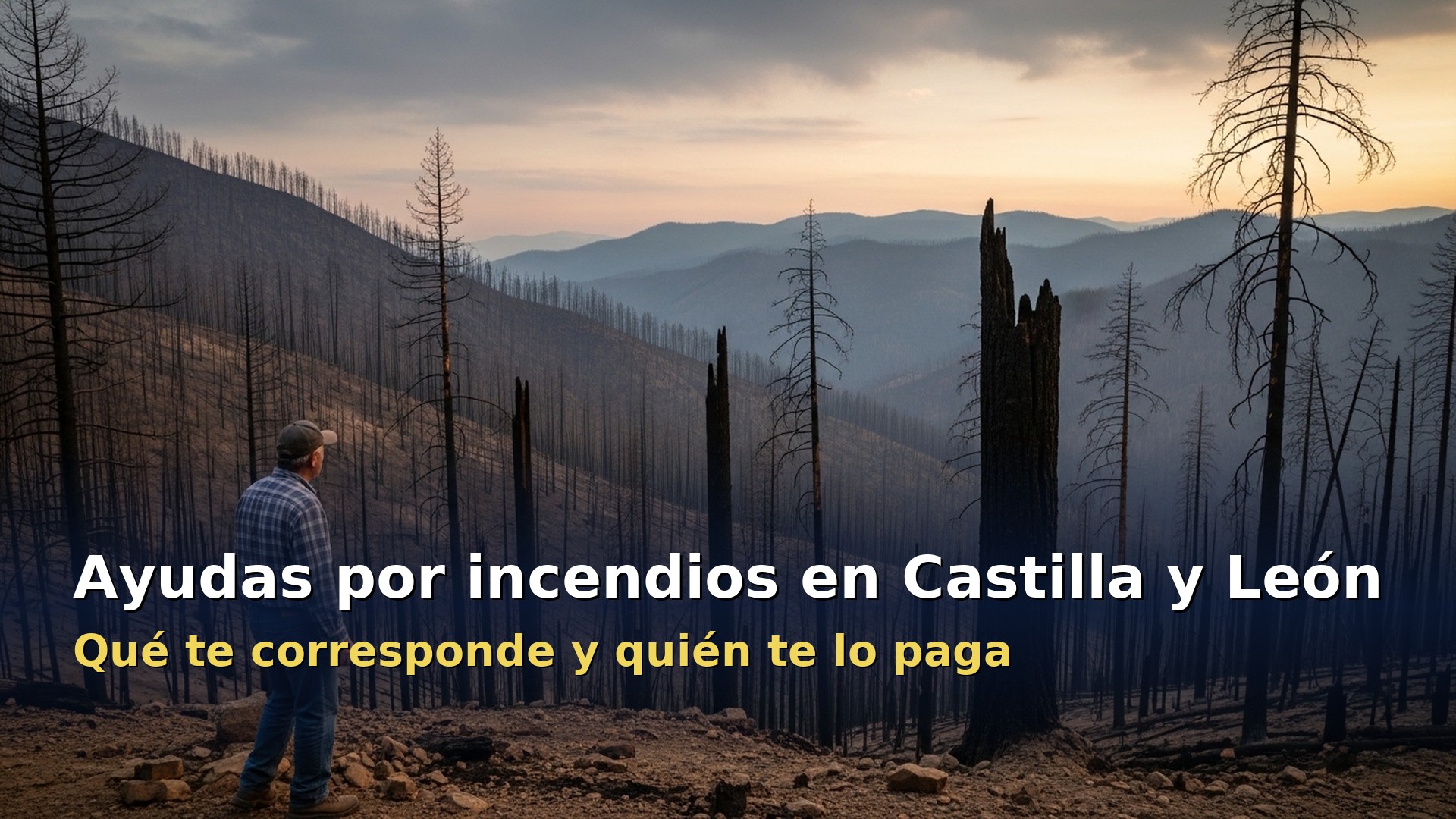 Monte quemado tras un incendio forestal en Castilla y León, con un vecino observando los daños