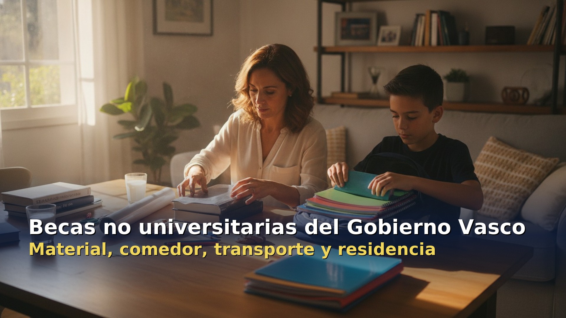 Becas no universitarias del Gobierno Vasco: madre e hijo preparando el material escolar del curso