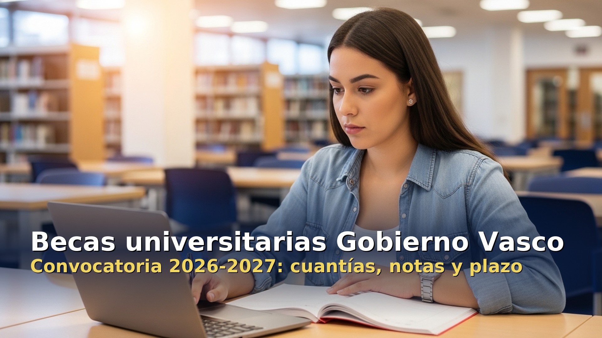 Becas universitarias del Gobierno Vasco 2026-2027: estudiante universitaria estudiando en la biblioteca