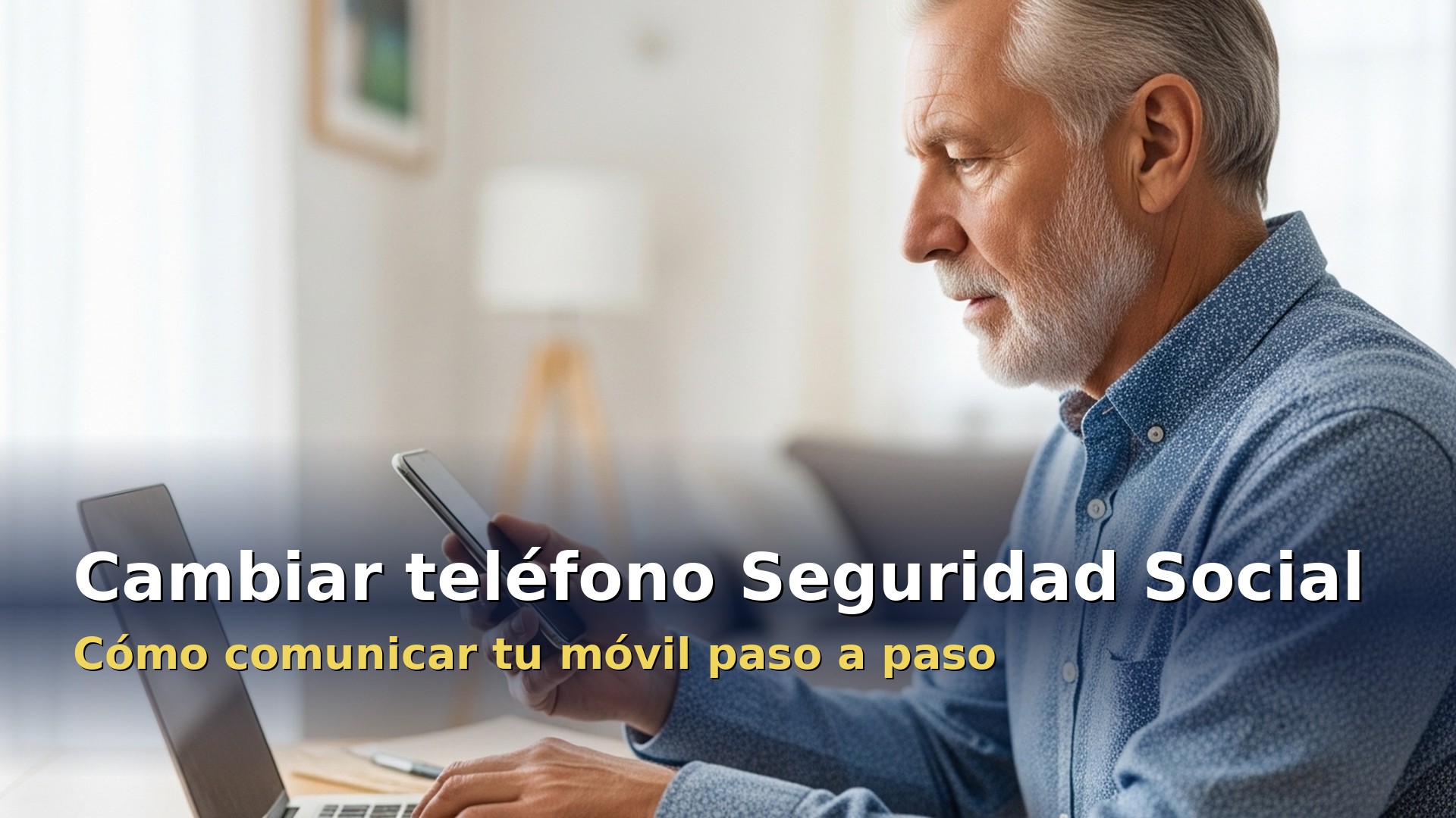 Cambiar teléfono Seguridad Social: hombre comunicando su nuevo número de móvil desde el ordenador