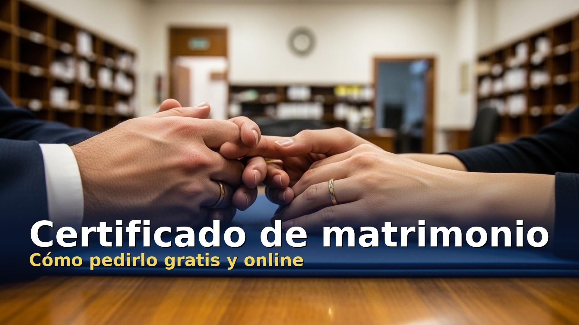 Certificado de matrimonio: manos de una pareja con sus alianzas ante el archivo del Registro Civil