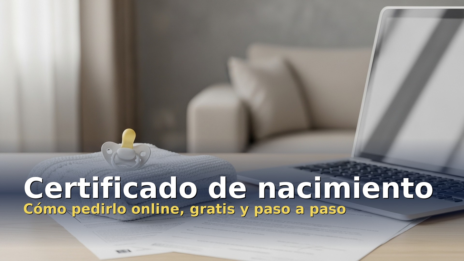 Certificado de nacimiento: mantita y chupete de bebé junto a un portátil y unos documentos oficiales