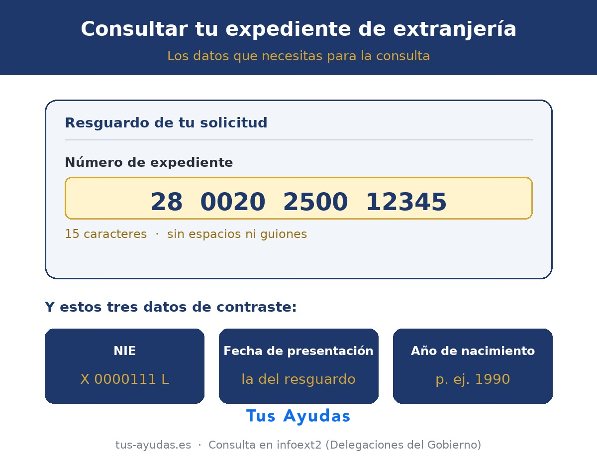 consultar expediente de extranjería 2026: número de expediente de 15 caracteres, NIE, fecha de presentación y año de nacimiento