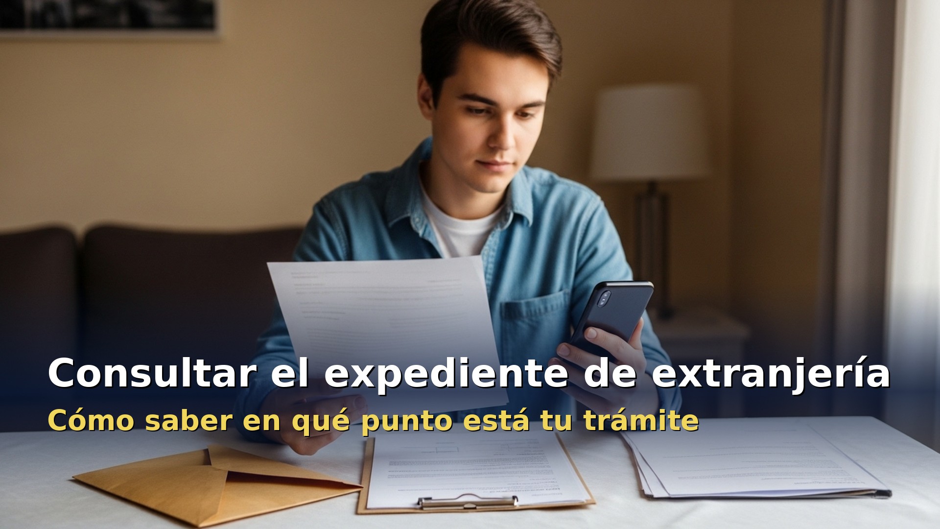 Consultar el expediente de extranjería en 2026: persona revisando sus documentos y el estado de su trámite en el móvil