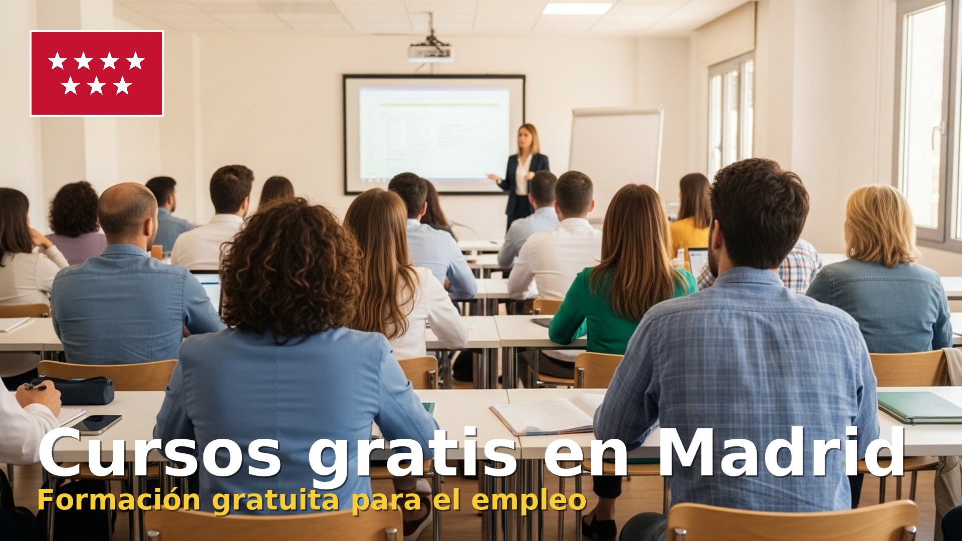 Cursos gratis en Madrid: adultos en un aula de formación para el empleo con la bandera de la Comunidad de Madrid