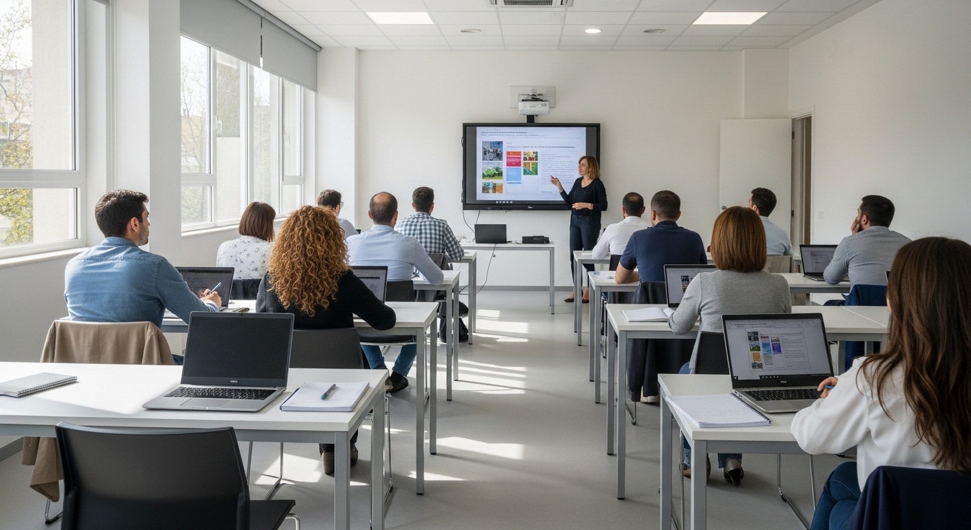 Cursos del SOC gratis en Cataluña: adultos en un aula de formación profesional para el empleo