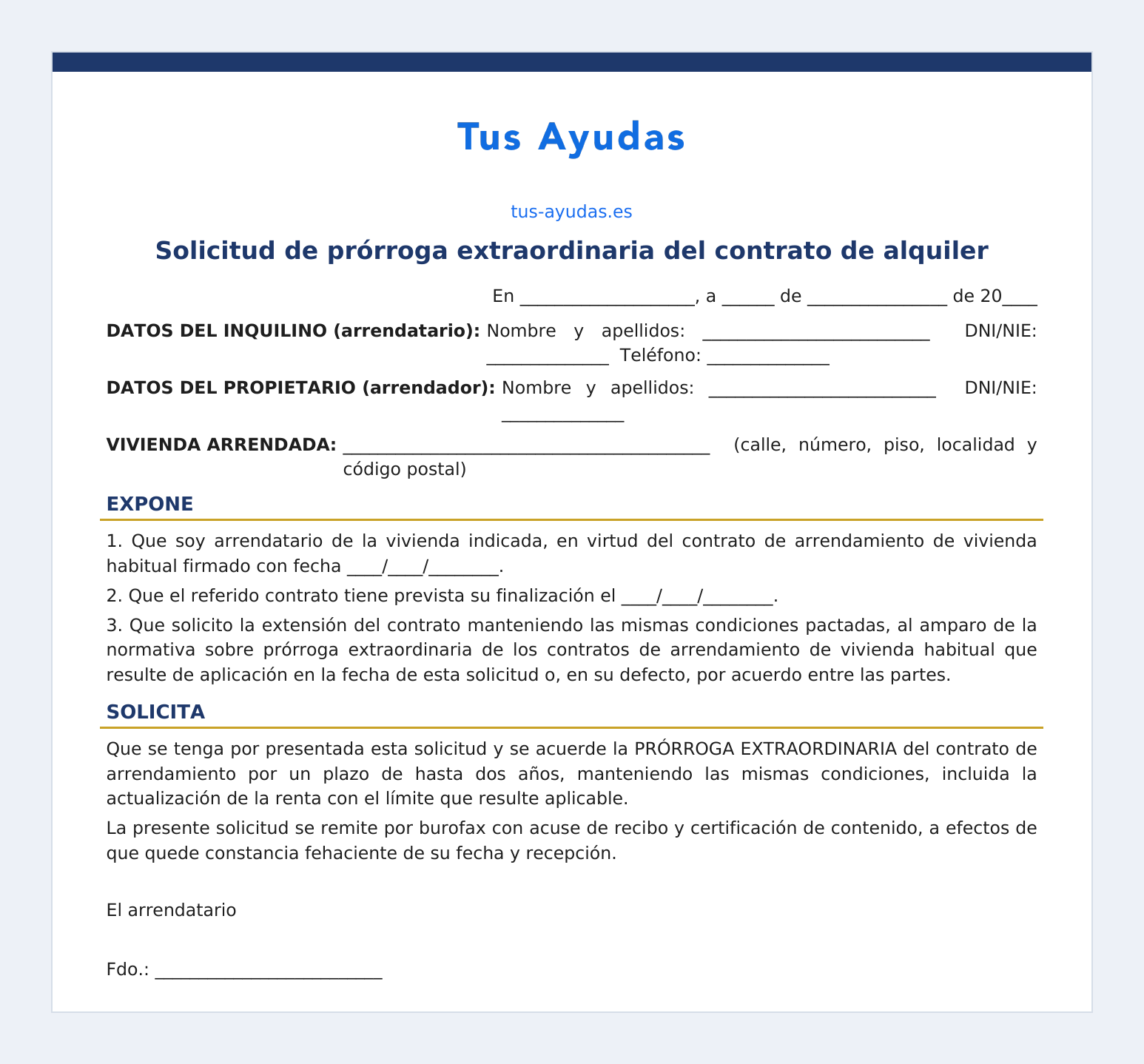 Modelo de solicitud de prórroga de alquiler para descargar en Word y PDF
