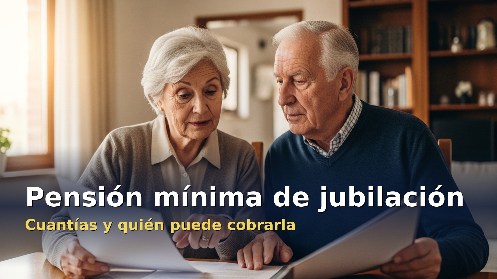 Pensión mínima de jubilación: pareja de jubilados revisando su documentación en casa