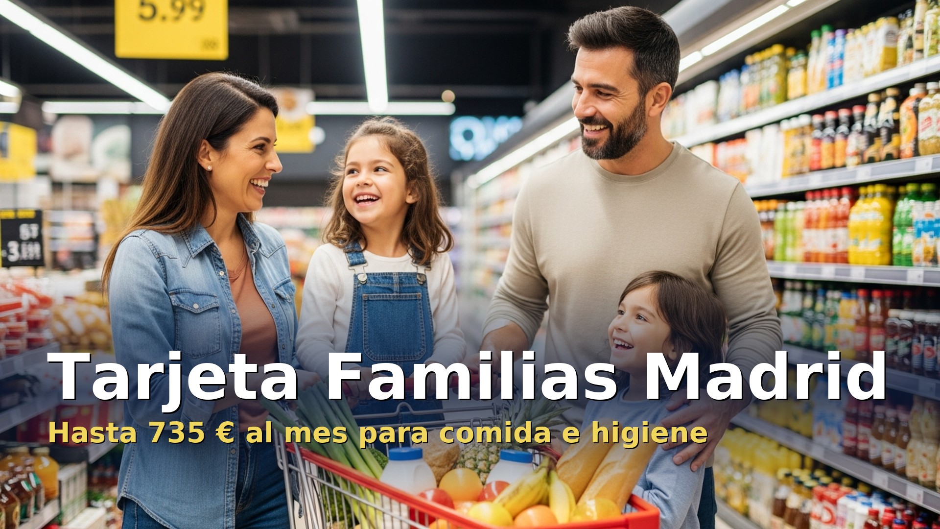 Tarjeta Familias del Ayuntamiento de Madrid: familia comprando comida en el supermercado