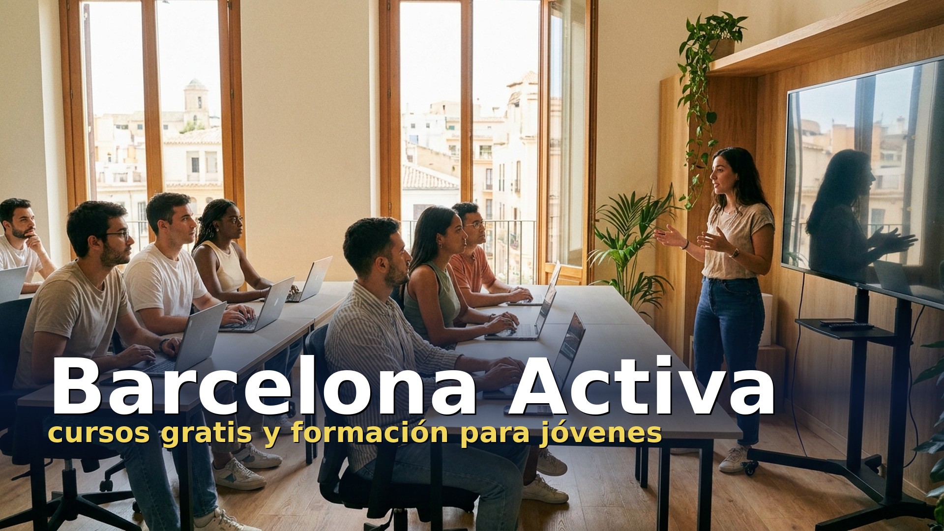 Grupo de jóvenes en un curso gratuito de formación tecnológica de Barcelona Activa