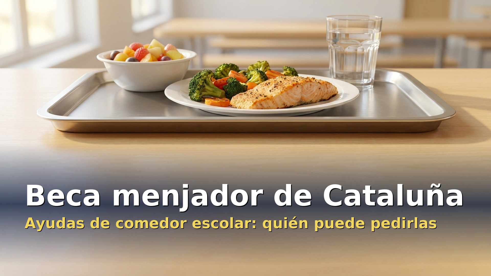 Bandeja de menú escolar con pescado, verduras, fruta y agua en el comedor de un colegio de Cataluña