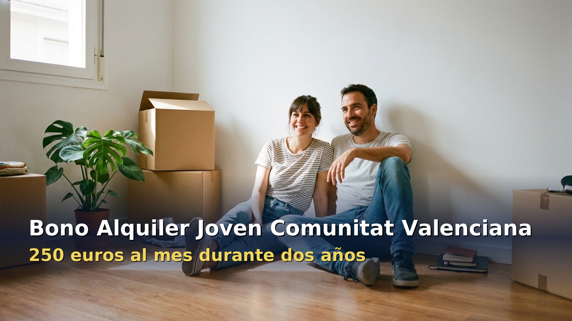 Bono alquiler joven Comunidad Valenciana: pareja joven en el salón de un piso de alquiler