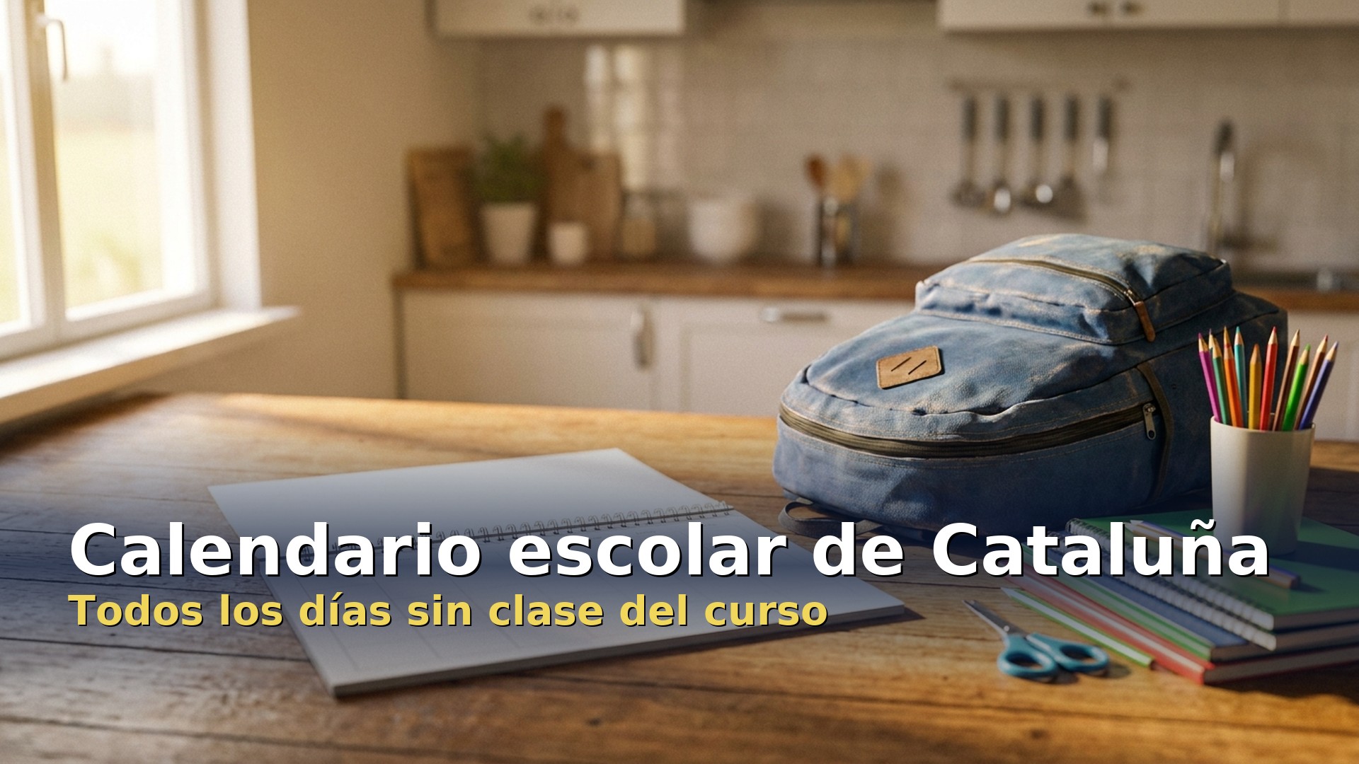 Mochila, cuadernos y un calendario de pared sobre la mesa de la cocina para organizar el curso escolar en Cataluña
