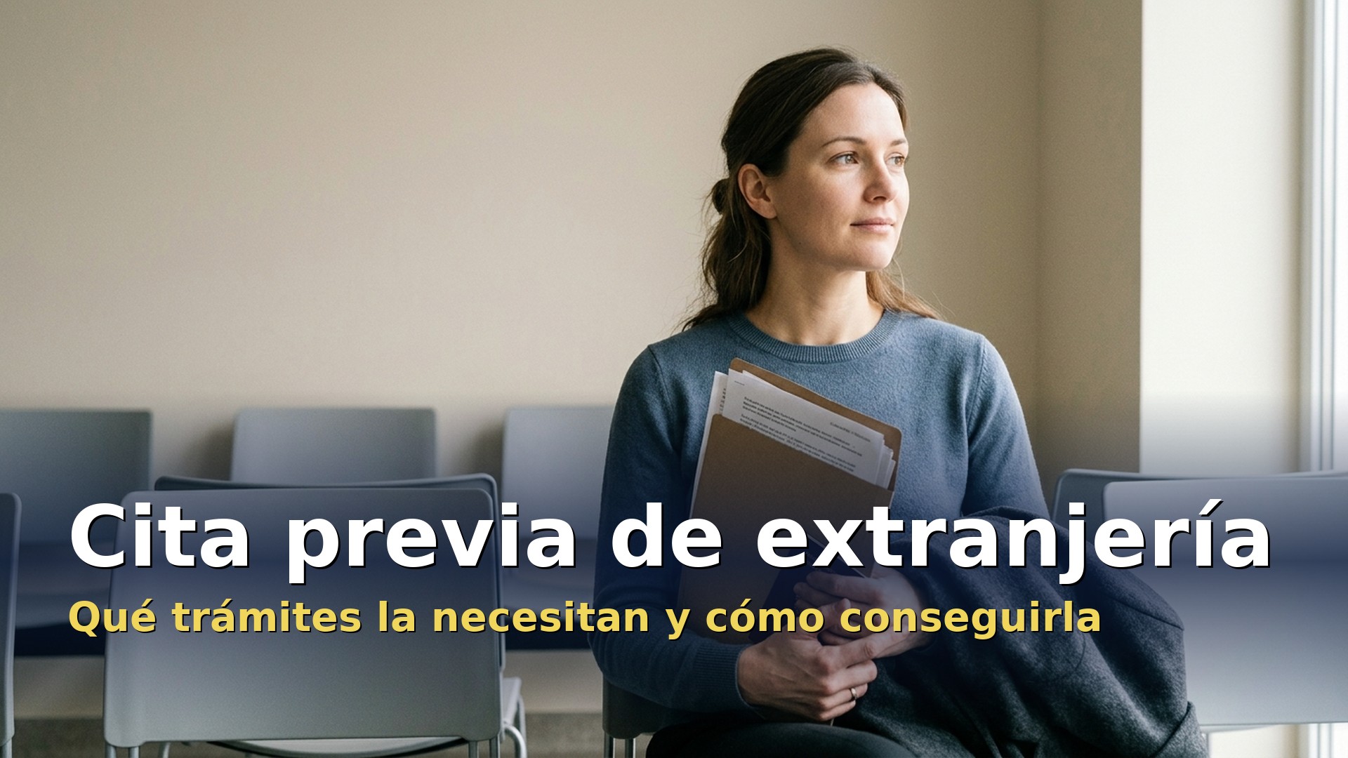 Cita previa de extranjería: persona esperando su turno con la documentación y el pasaporte en una oficina pública