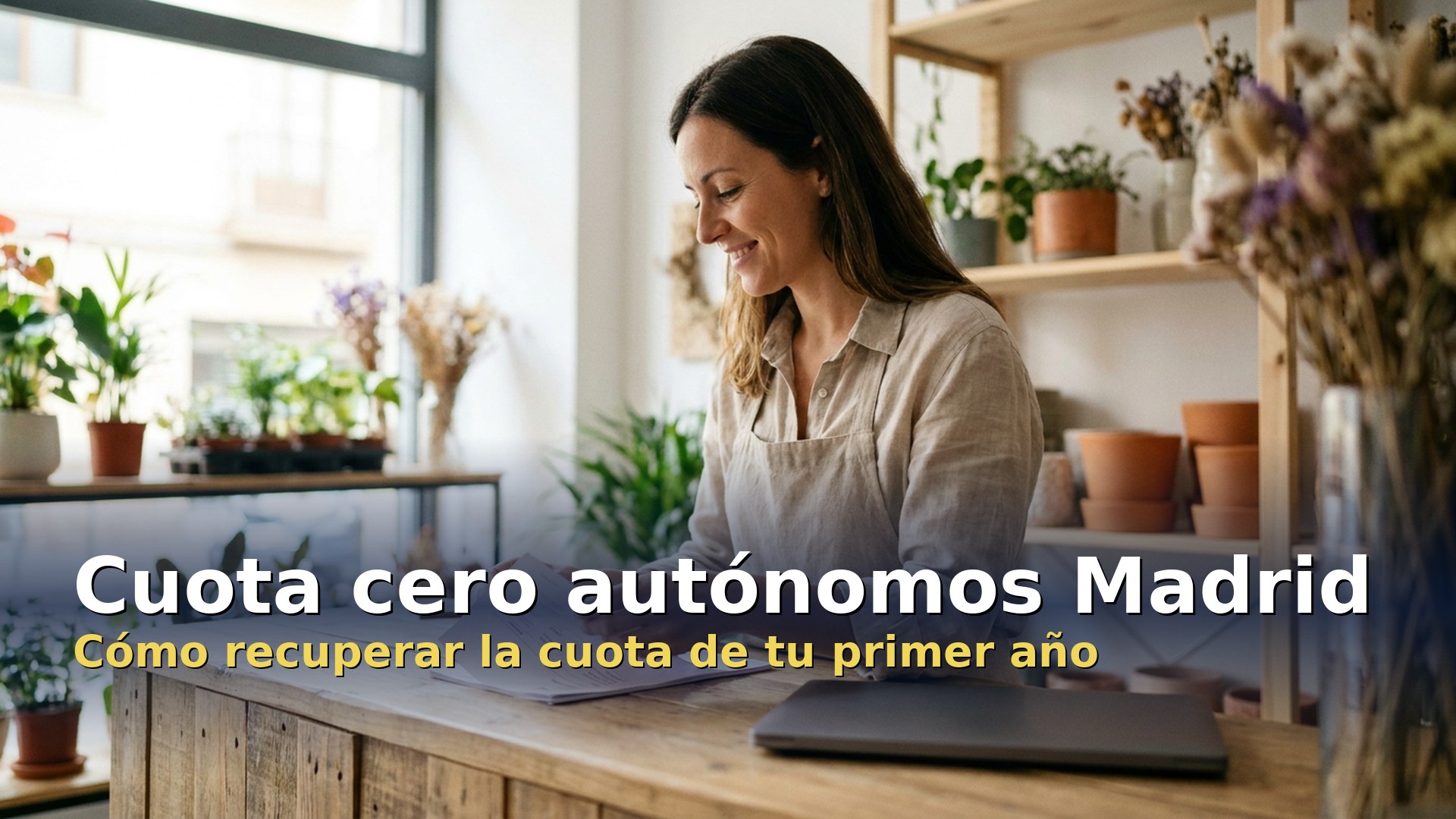 Cuota cero autónomos Madrid: autónoma revisando la documentación de su negocio