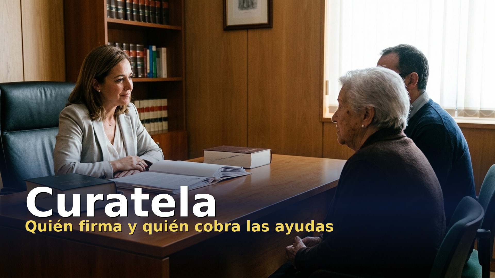 Curatela: una jueza entrevista a una señora mayor acompañada de su hijo en el despacho del juzgado