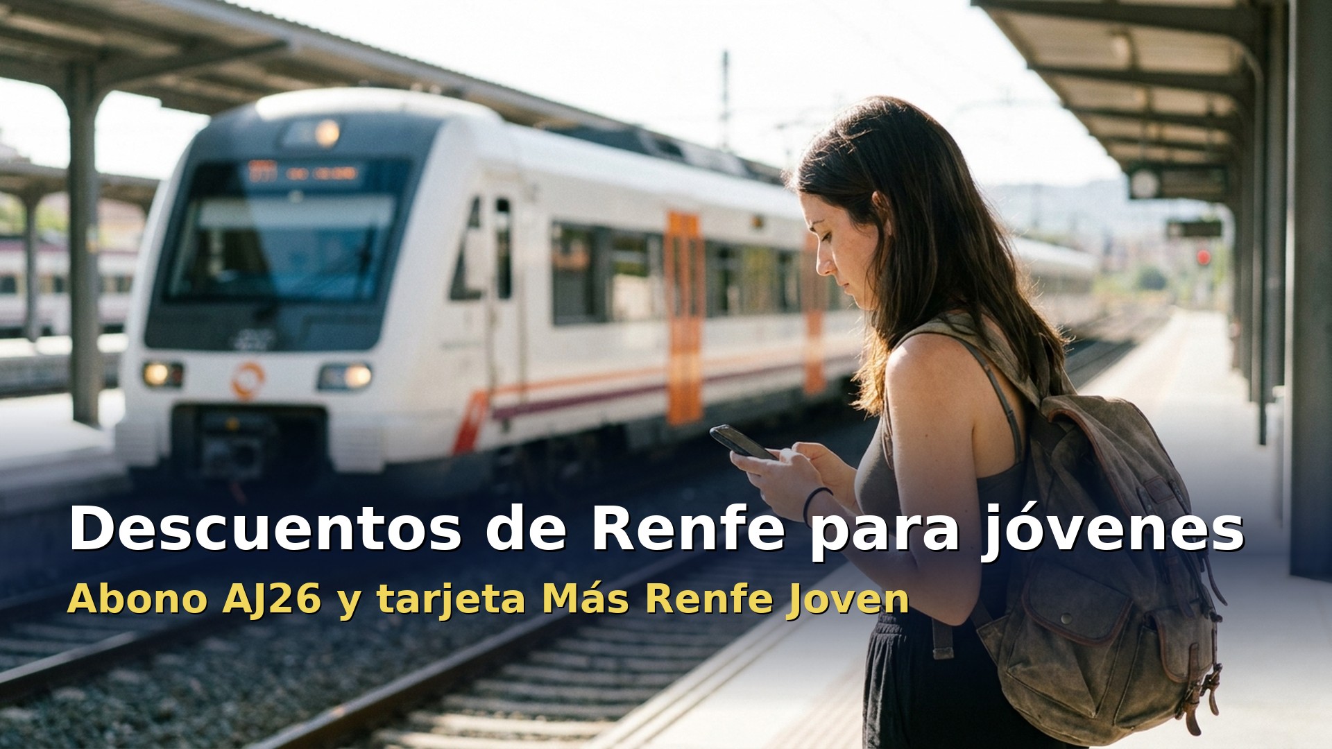 Joven con mochila espera un tren de Cercanías en el andén: descuentos de Renfe para jóvenes