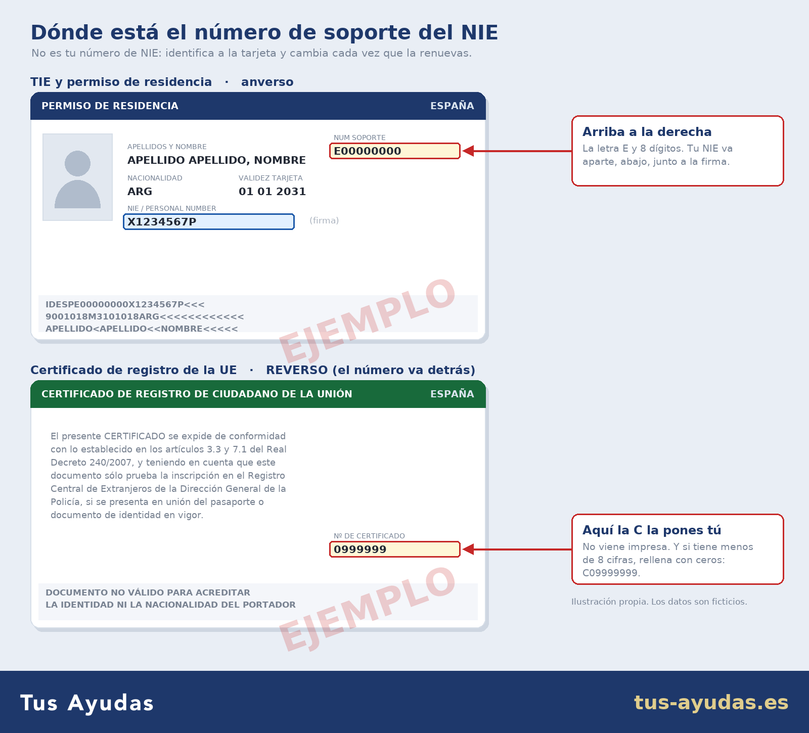 Dónde está el número de soporte del NIE: en el anverso del TIE y en el reverso del certificado de la UE