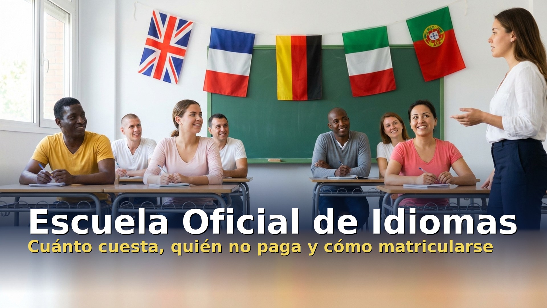 Clase de la Escuela Oficial de Idiomas con banderas de varios países en el aula