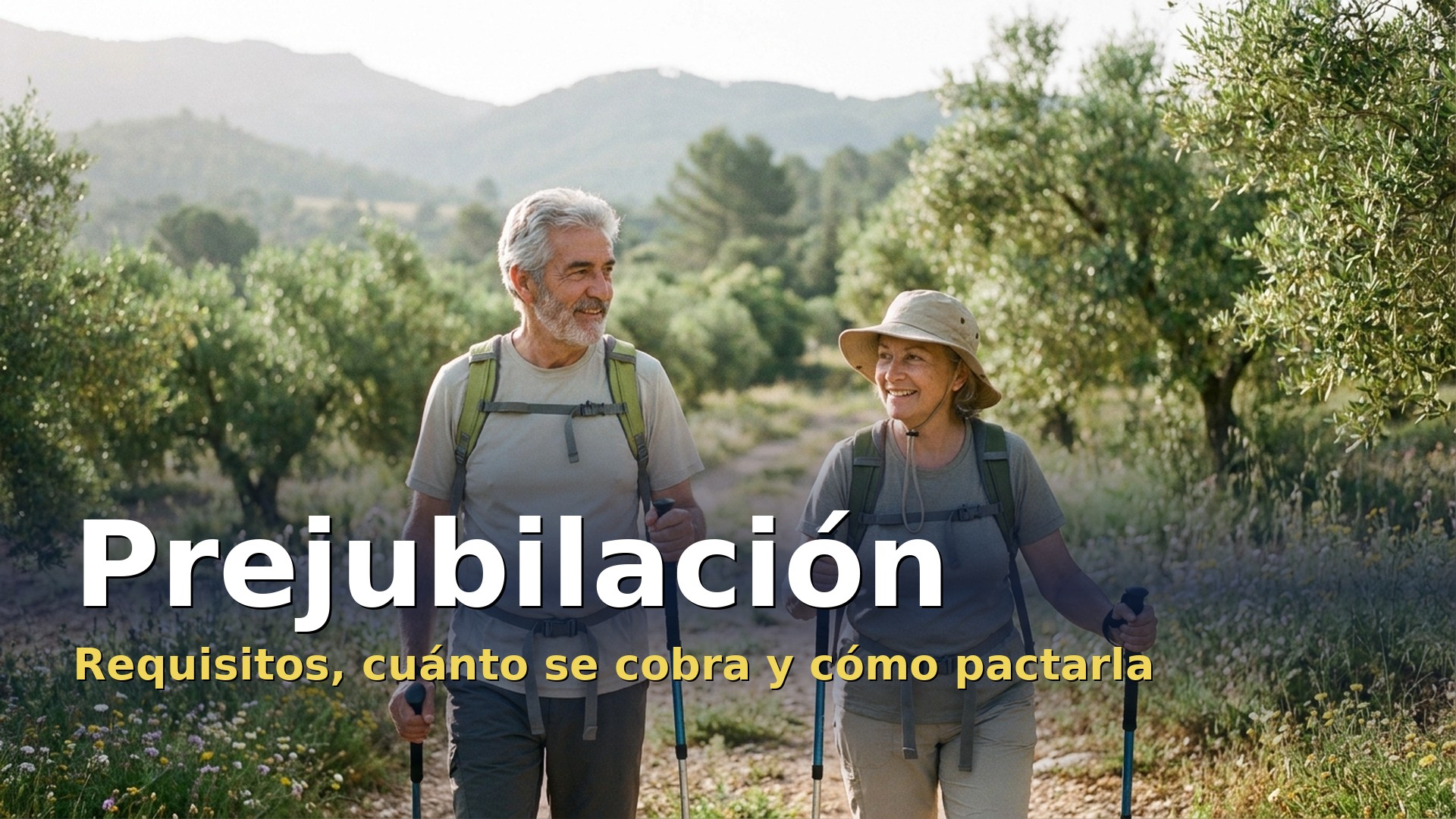 Pareja de unos sesenta años caminando por un olivar durante la prejubilación