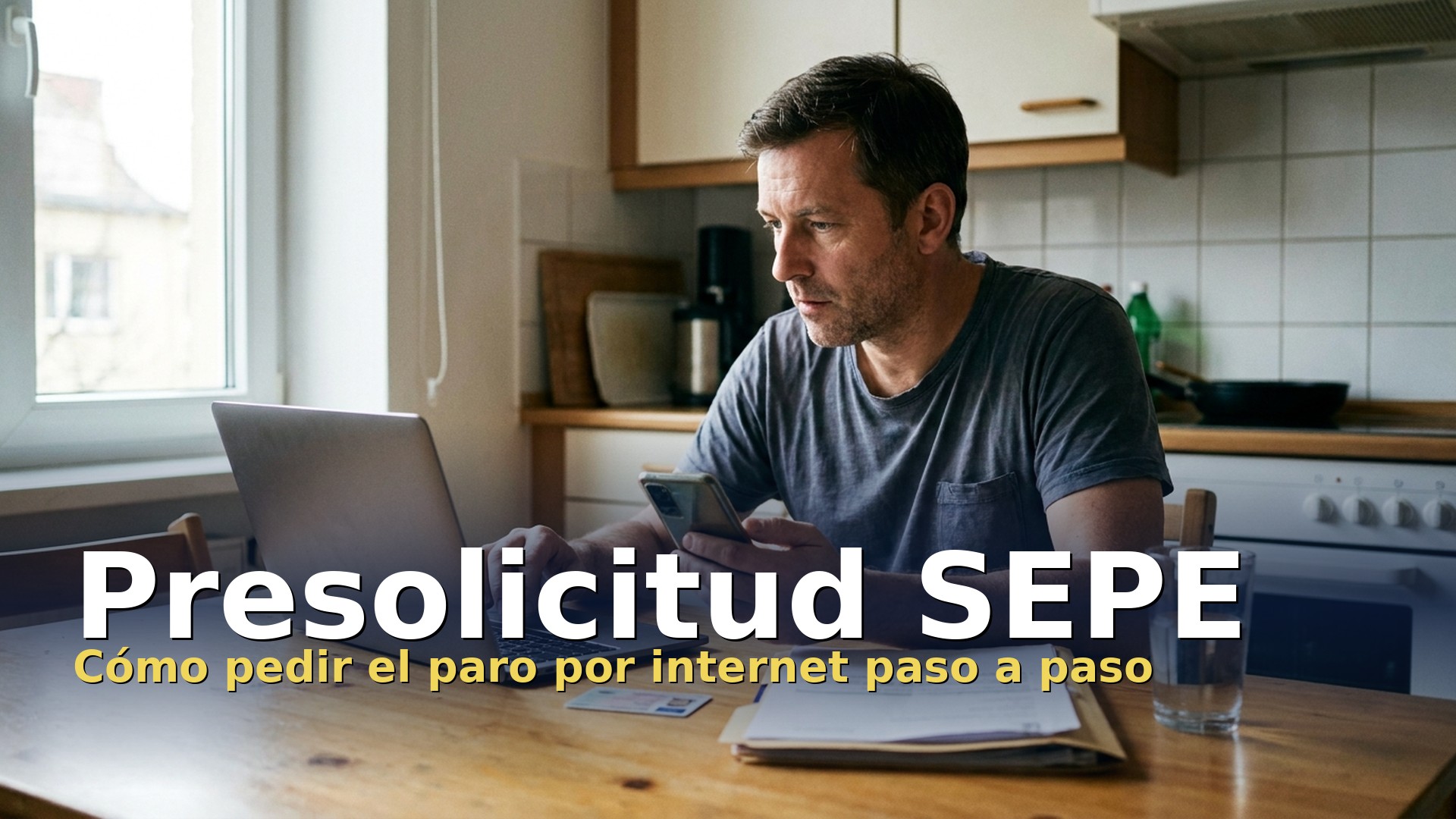 Presolicitud SEPE: un hombre pide el paro por internet con el portátil y el móvil donde recibe el PIN SEPE