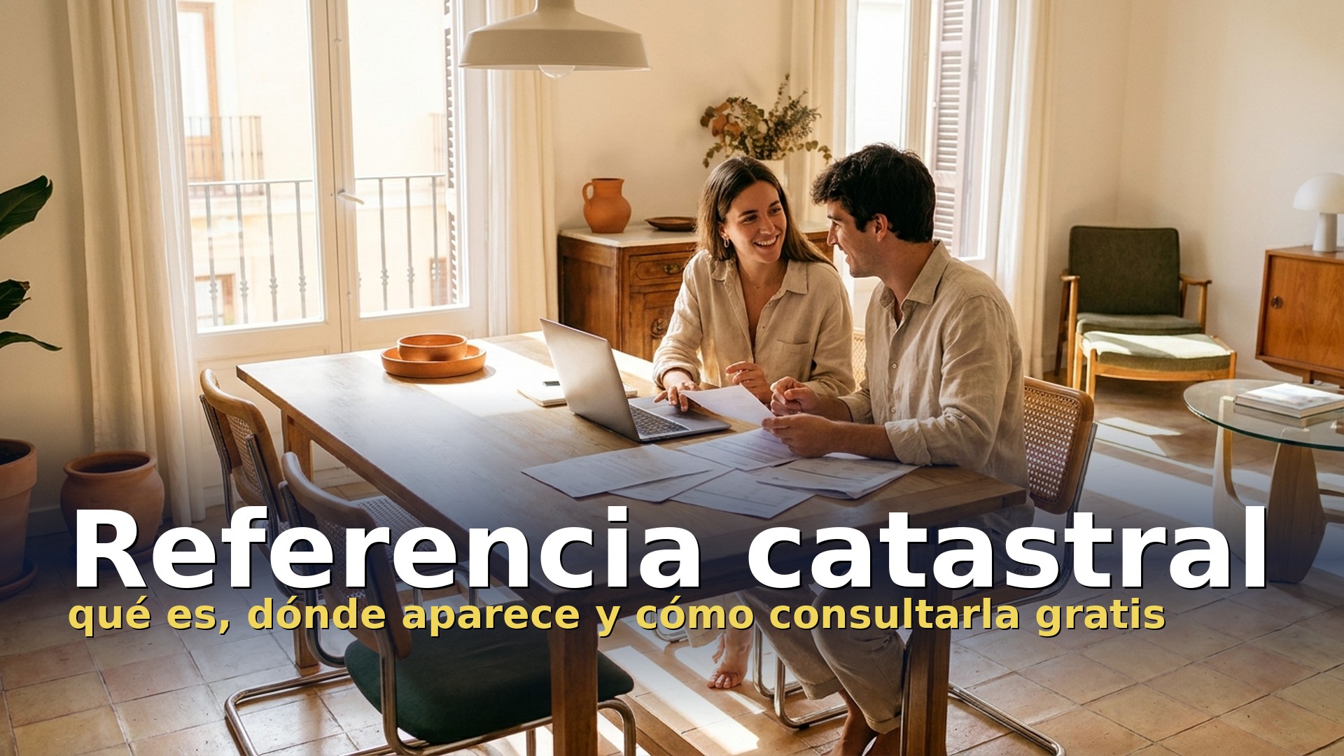 Pareja revisando los papeles de su vivienda en casa para consultar la referencia catastral