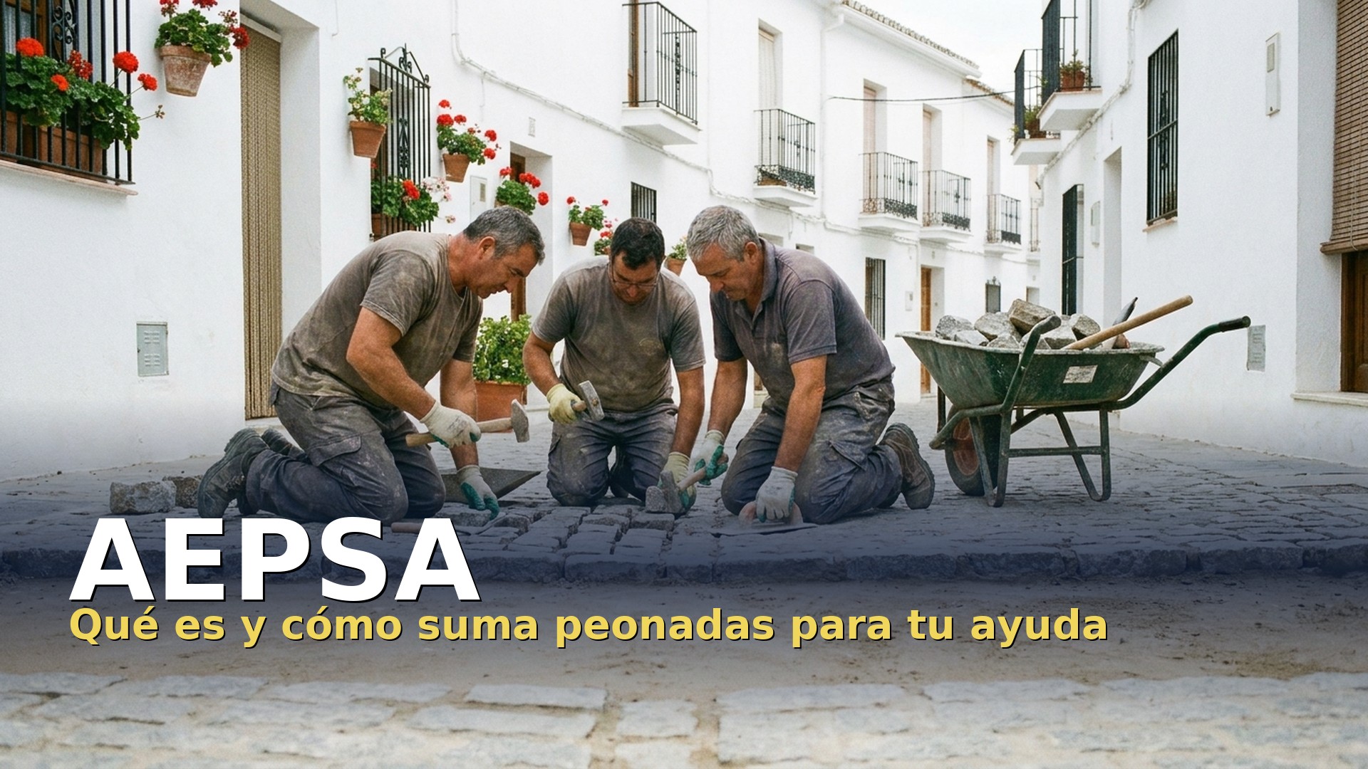 AEPSA: trabajadores de una obra municipal arreglando el empedrado de una calle en un pueblo andaluz