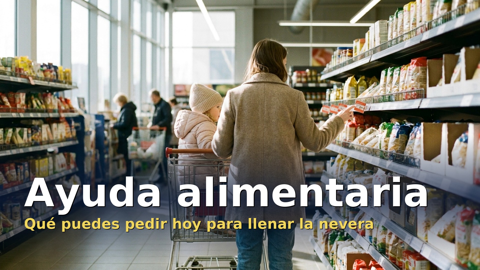 Ayuda alimentaria: una madre con su hija comprando en el supermercado y mirando los precios