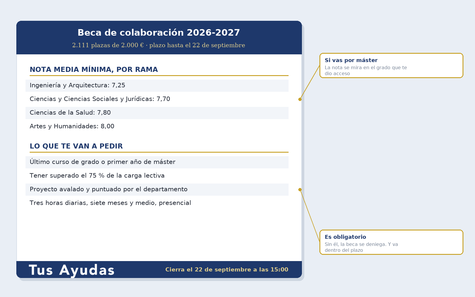 Beca de colaboración 2026-2027: notas mínimas por rama, requisitos y plazo