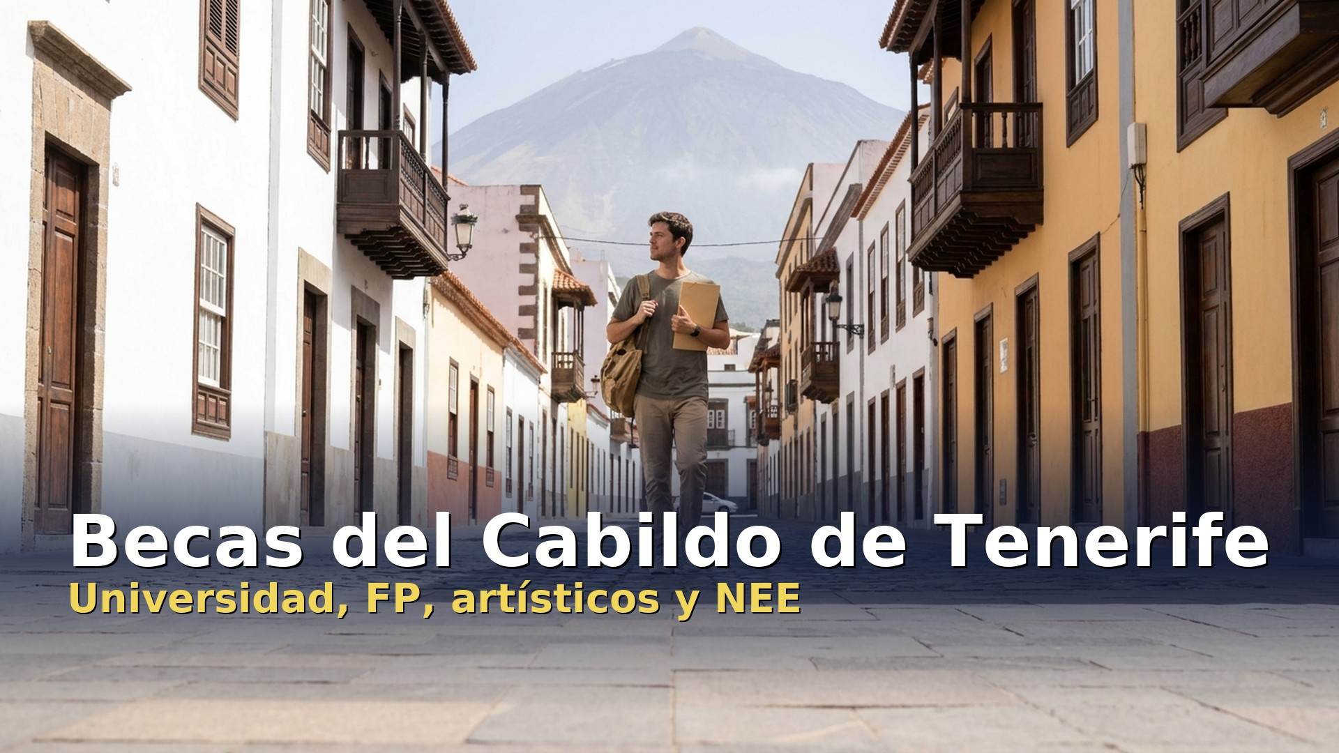 Becas del Cabildo de Tenerife: estudiante con carpeta en una calle canaria con el Teide al fondo