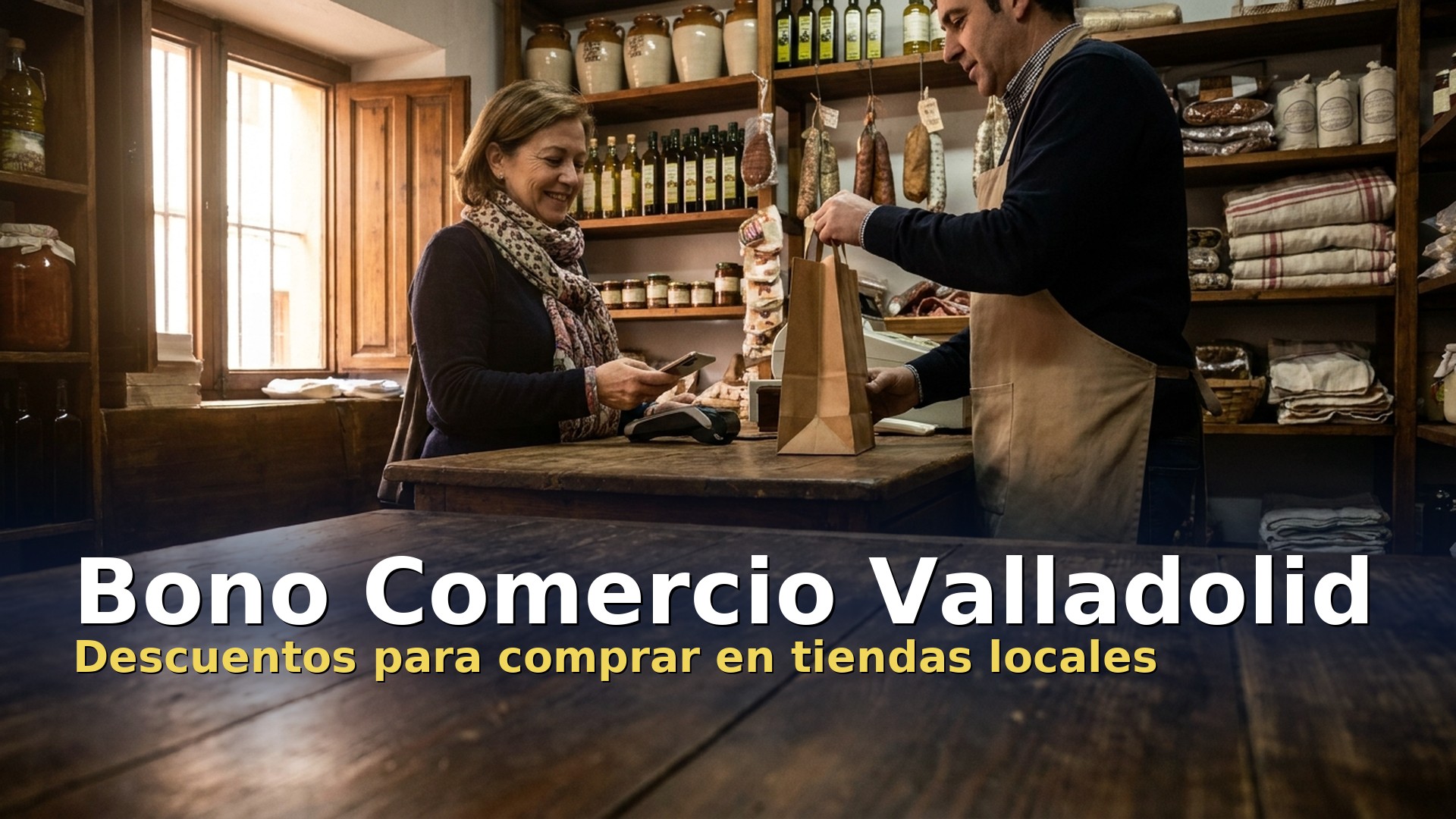 Bono comercio Valladolid: clienta pagando en una tienda de proximidad de un pueblo de la provincia