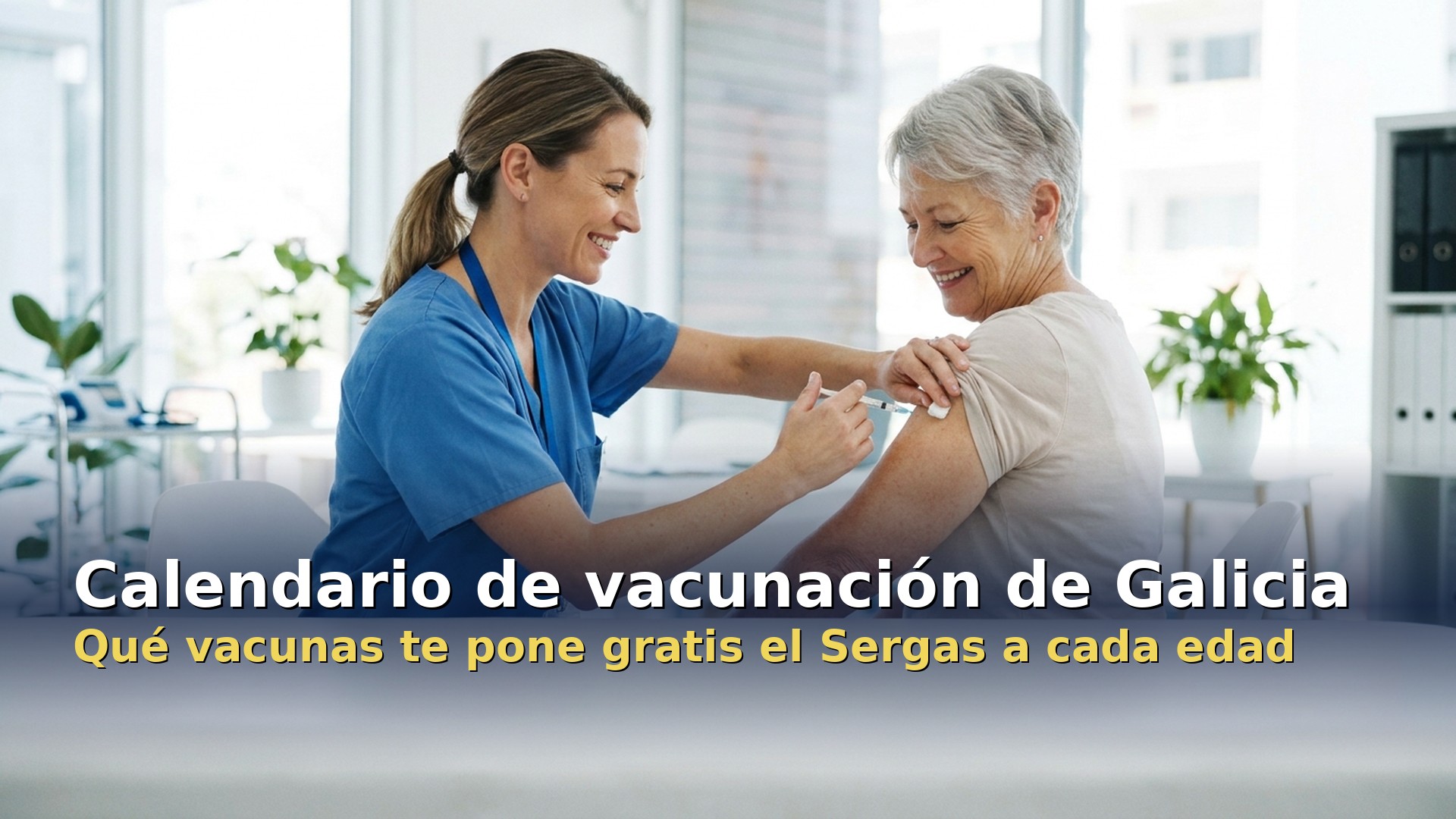 Calendario de vacunación de Galicia: enfermera poniendo una vacuna a una mujer mayor en el centro de salud
