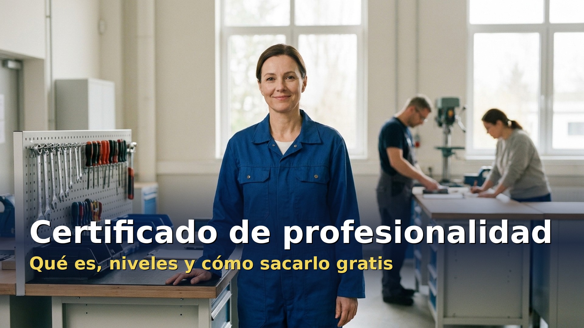 Certificado de profesionalidad: alumna de un taller de formación profesional junto a su banco de trabajo