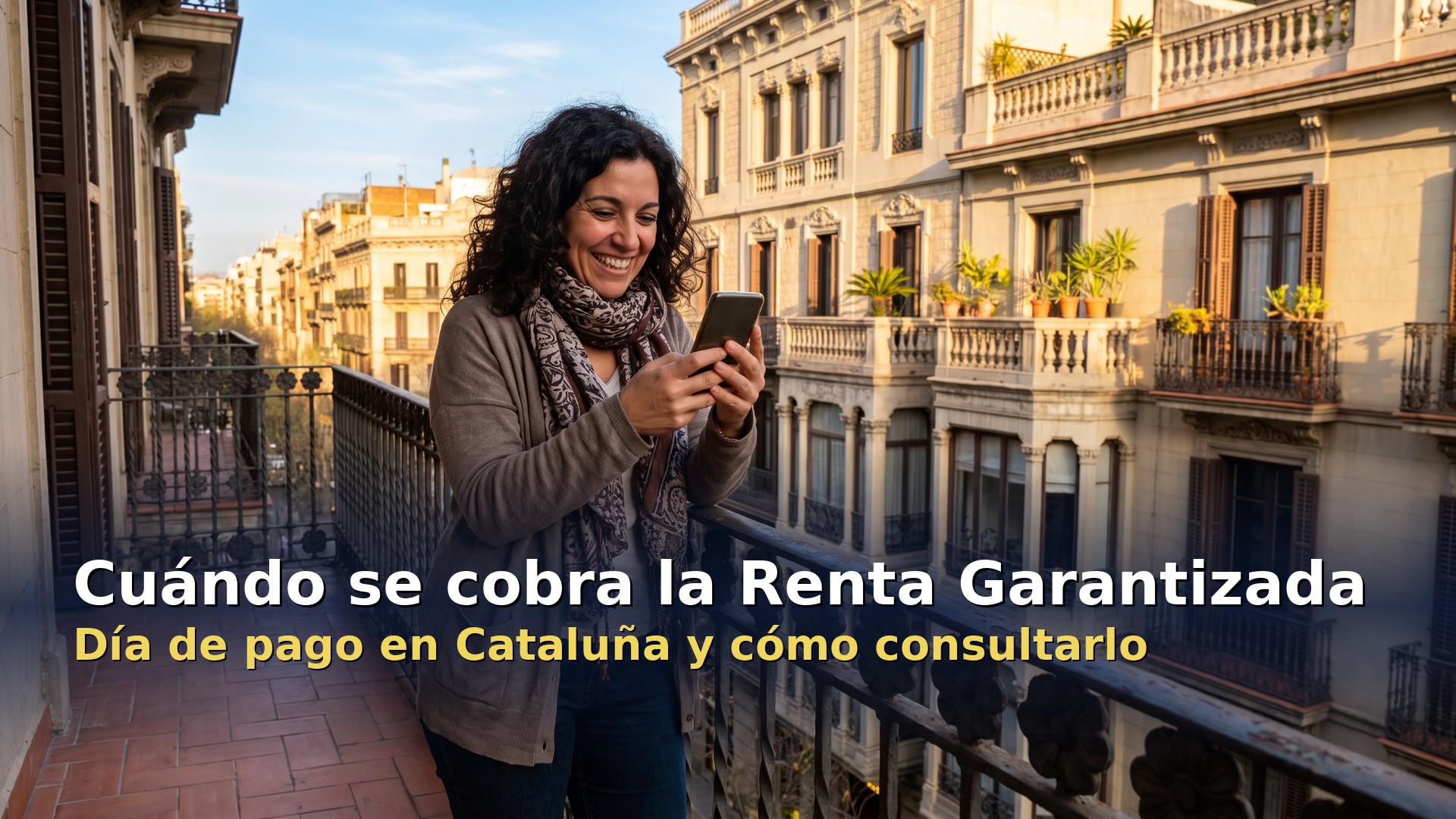 Cuándo se cobra la Renta Garantizada: mujer en un balcón de Barcelona consultando el pago en el móvil