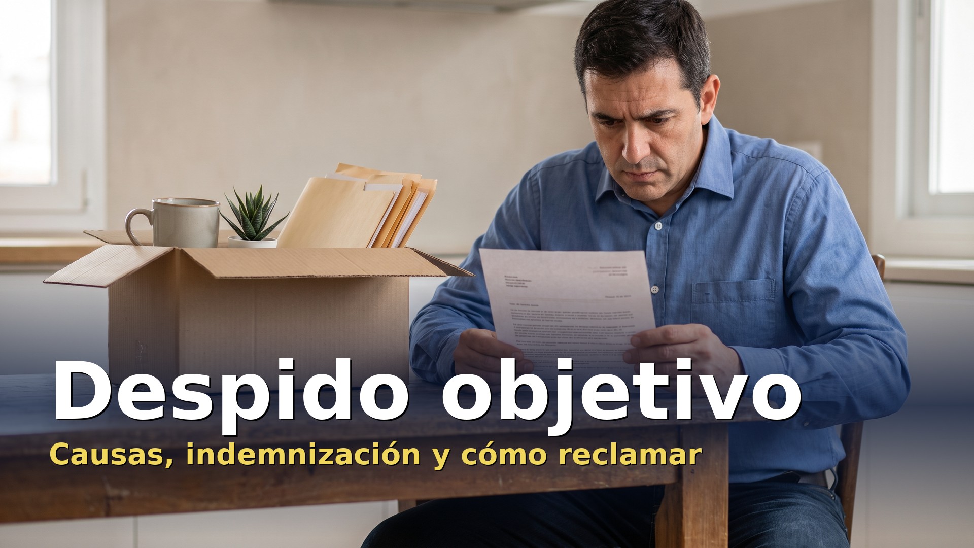 Despido objetivo: trabajador leyendo la carta de despido junto a una caja con sus cosas