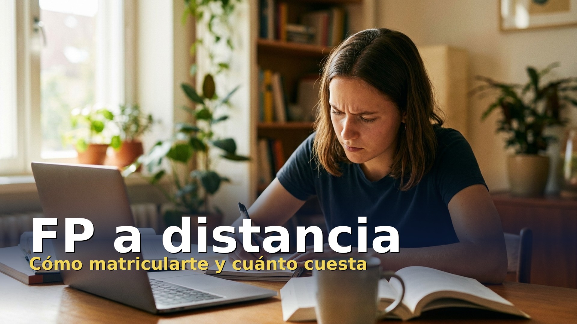 Estudiante adulta cursando FP a distancia con su ordenador portatil en casa