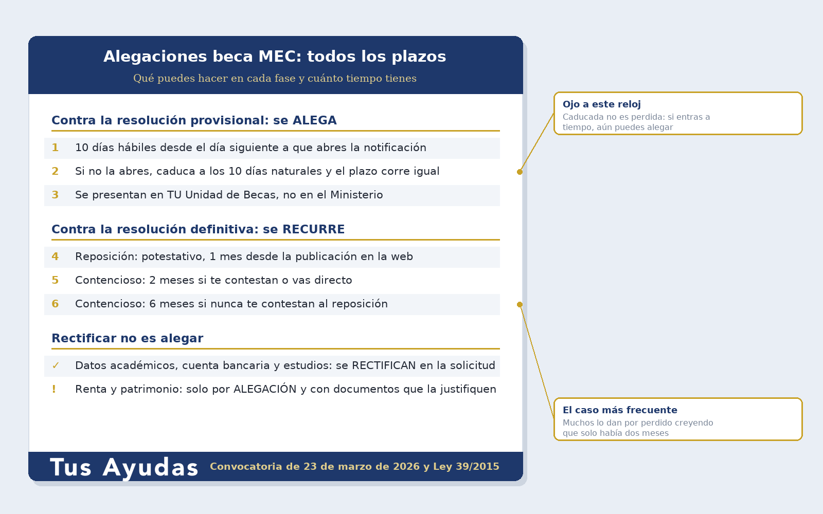 Plazos de las alegaciones de la beca MEC: 10 dias habiles para alegar, un mes para el recurso de reposicion y dos o seis meses para el contencioso