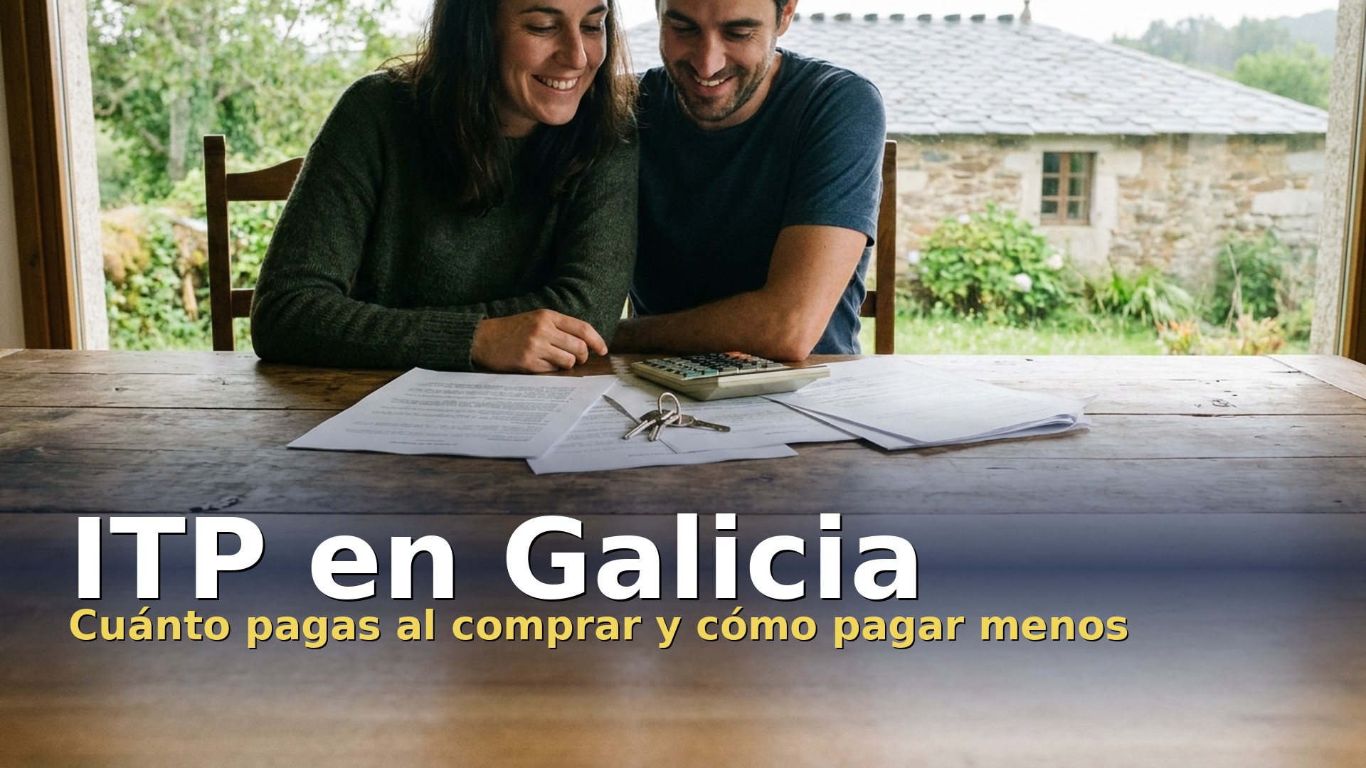 ITP en Galicia: pareja revisando la compra de una casa con calculadora y llaves