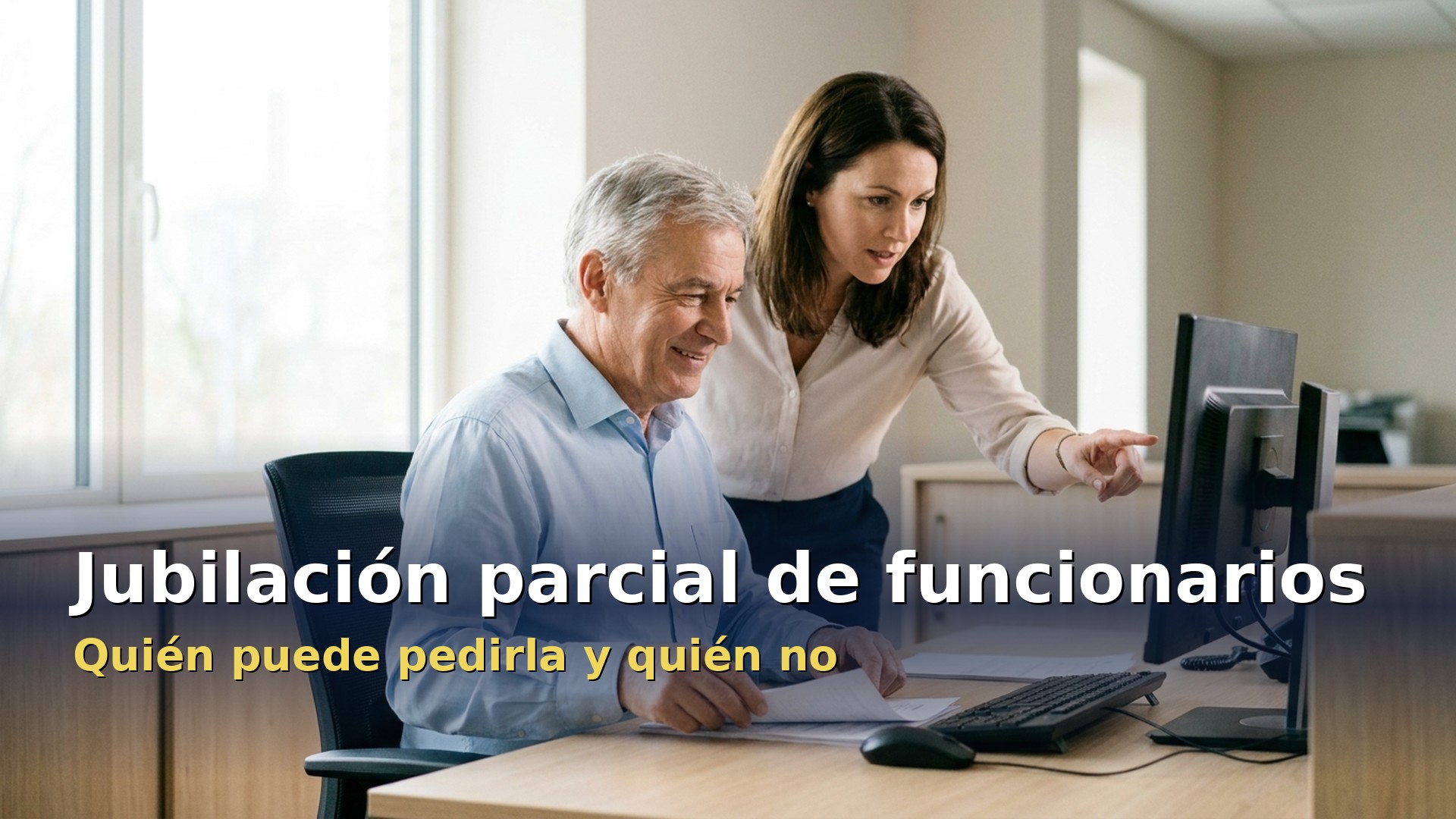 Jubilación parcial de funcionarios: empleado público mayor revisando su expediente con una compañera