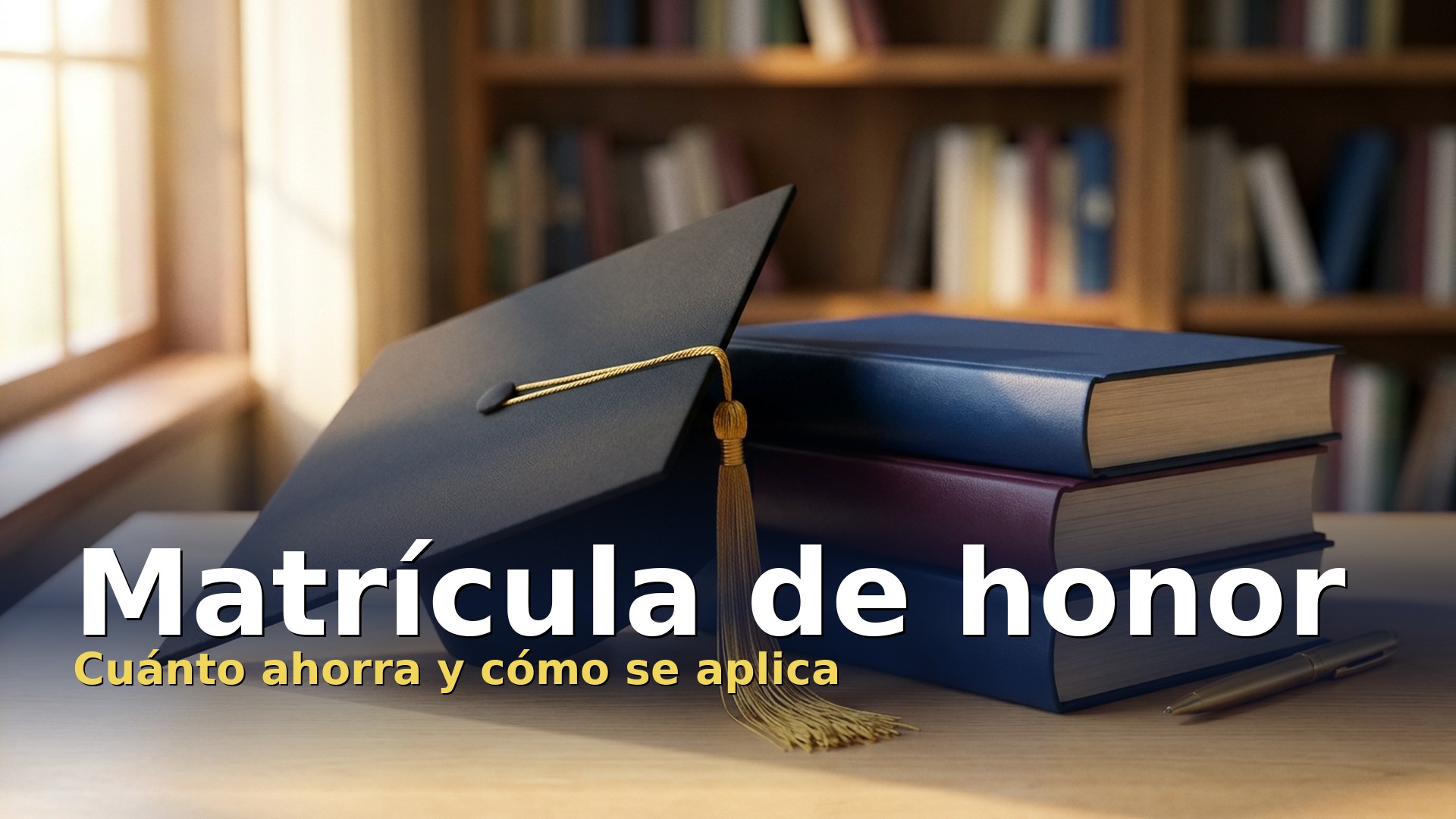 Matrícula de honor: birrete de graduación y libros sobre una mesa de estudio, la distinción que bonifica el precio de la matrícula
