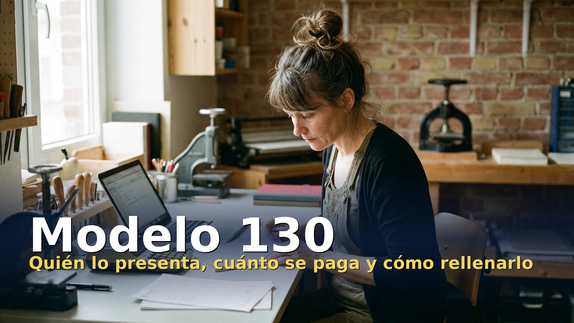 Modelo 130: autónoma revisando sus facturas para calcular el pago fraccionado del IRPF