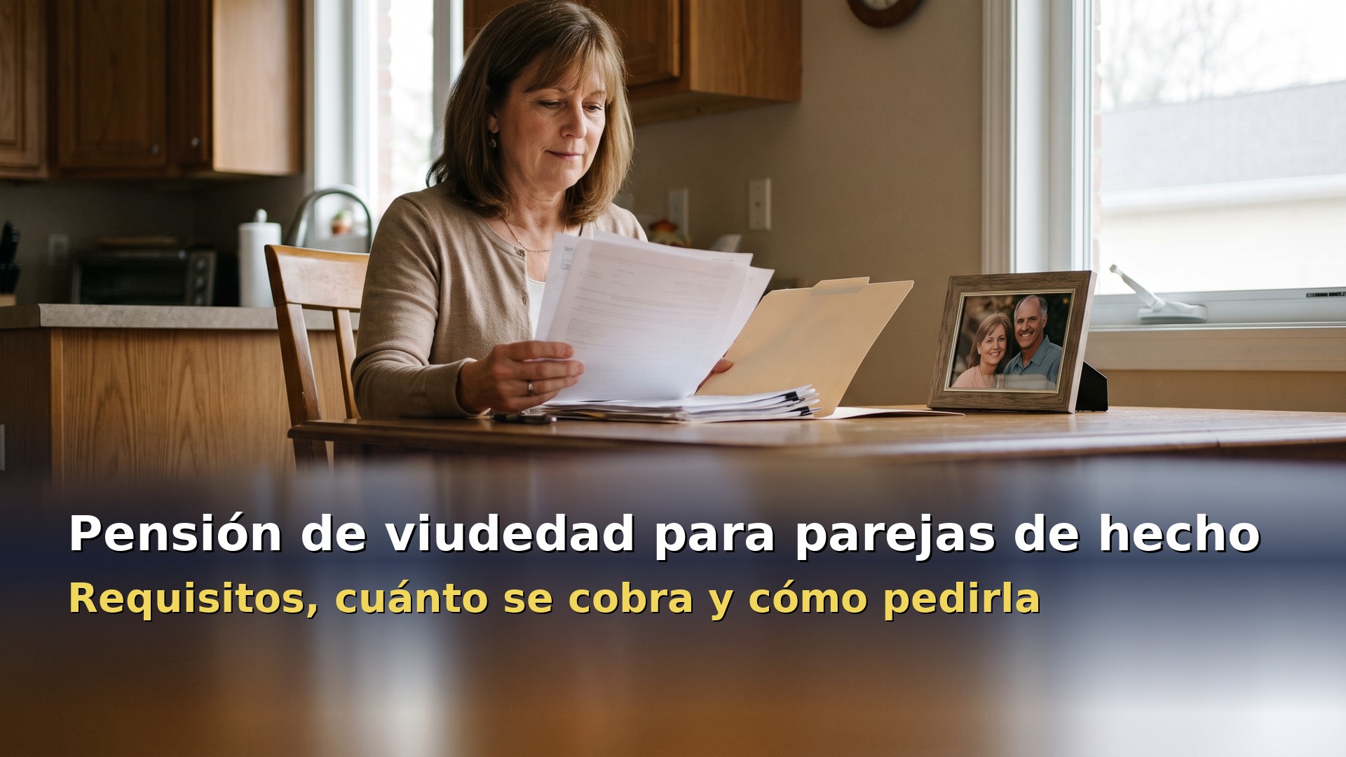 Pensión de viudedad para parejas de hecho: mujer revisando los papeles de la solicitud en casa
