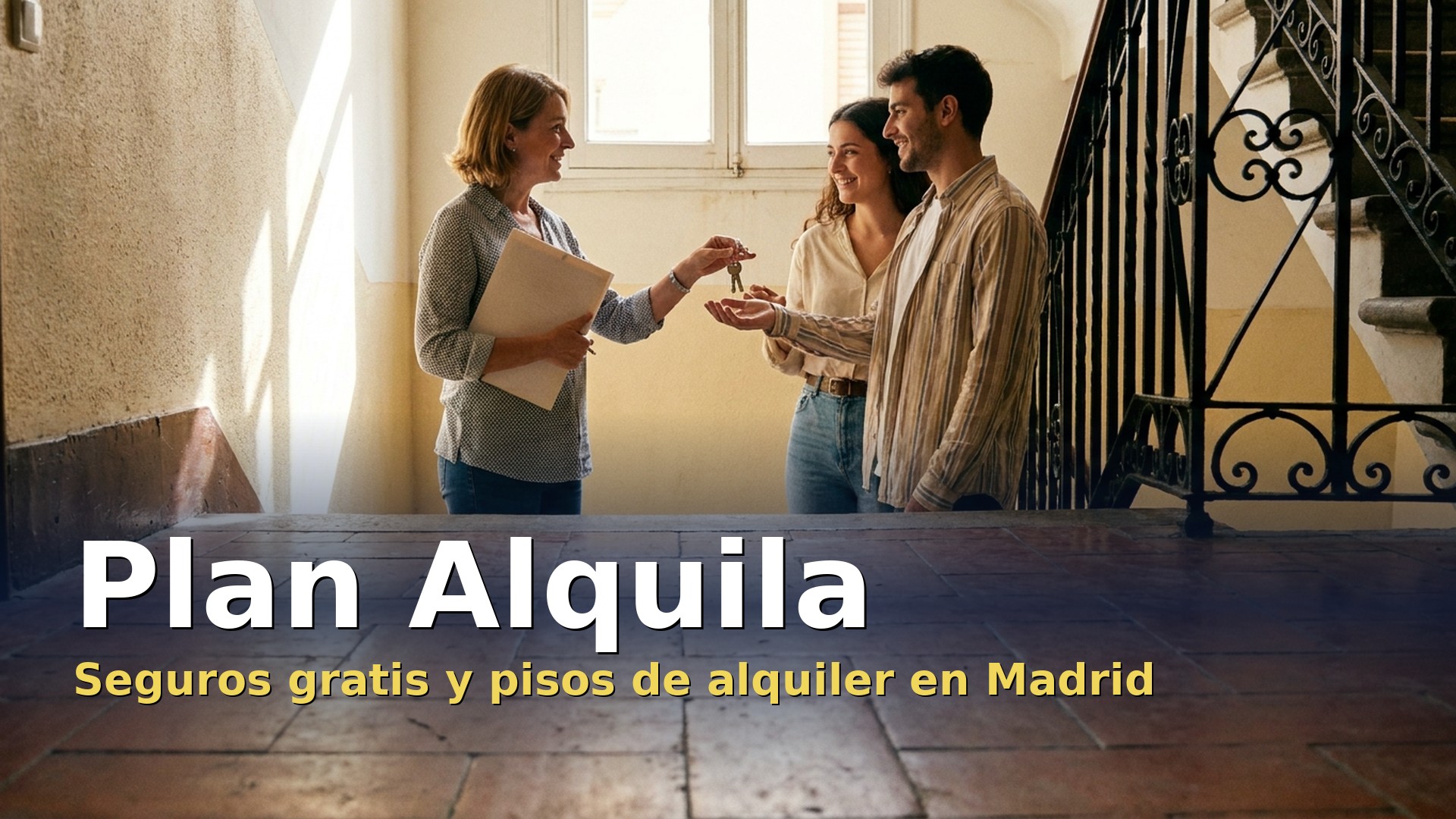 Plan Alquila Comunidad de Madrid: una propietaria entrega las llaves del piso a una pareja joven de inquilinos