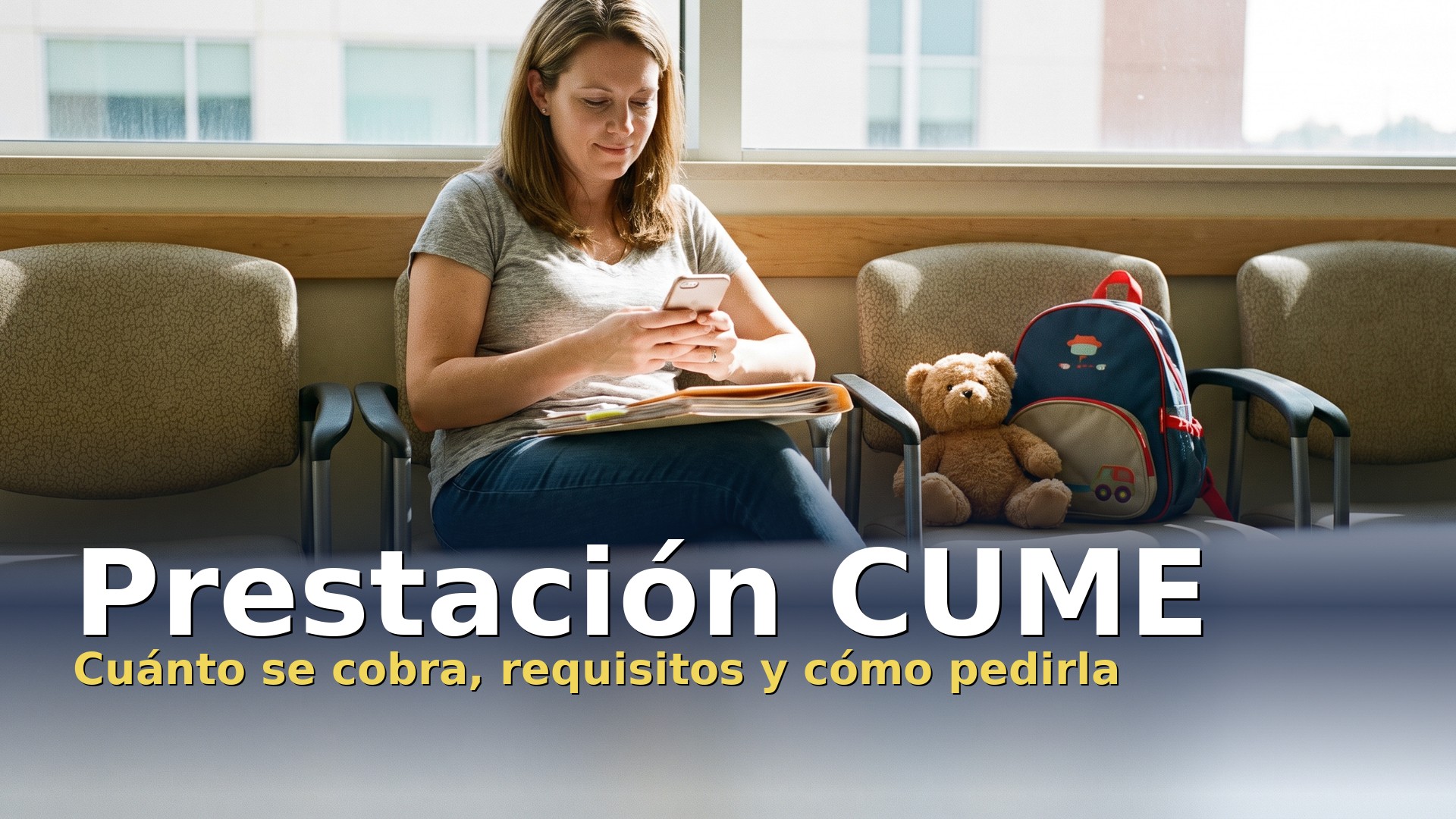Prestación CUME: madre en la sala de espera de un hospital con los papeles de la solicitud