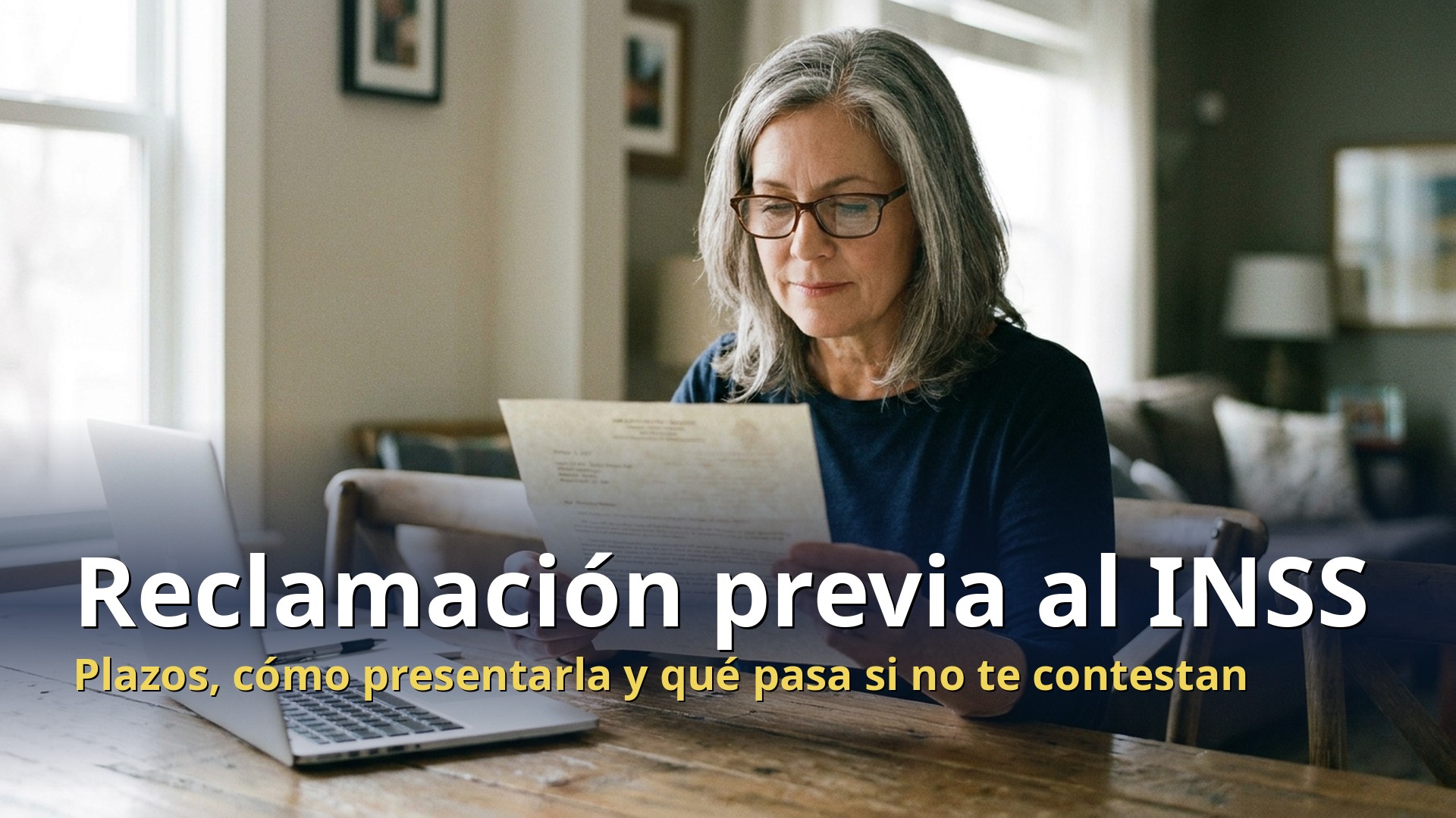 Reclamación previa al INSS: mujer revisando en casa la carta de resolución del INSS antes de reclamar