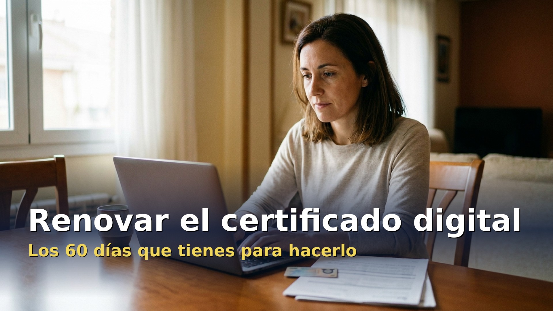 Renovar el certificado digital de la FNMT: mujer solicitando la renovación en el ordenador desde casa
