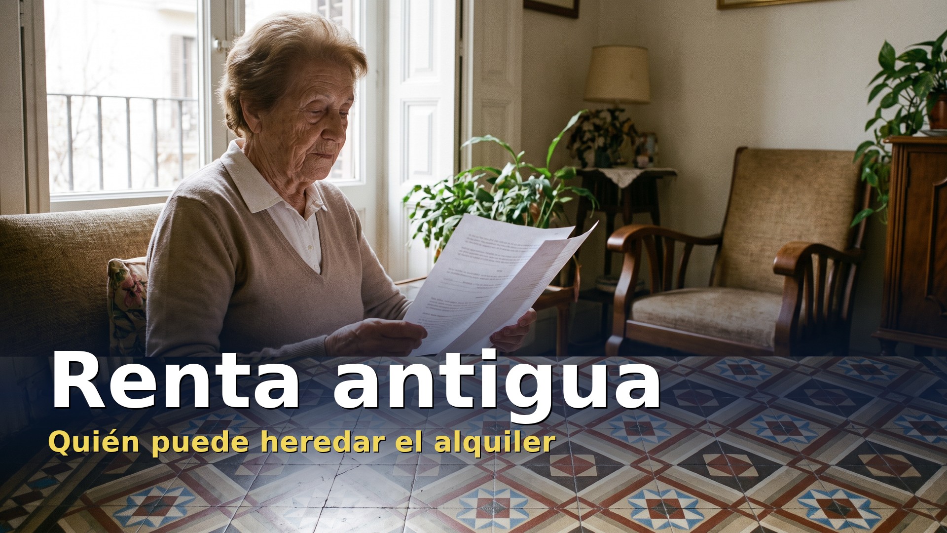 Renta antigua: mujer mayor leyendo el contrato de alquiler en su piso antiguo