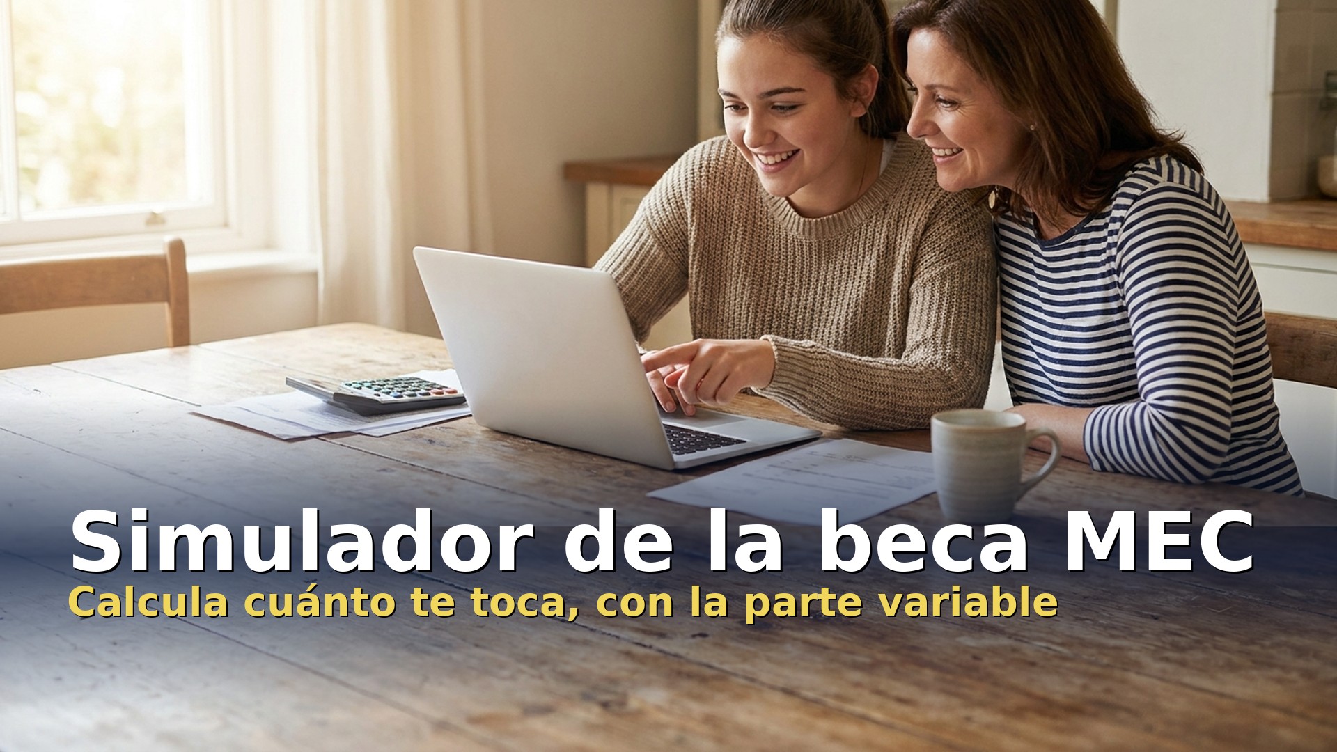 Simulador de la beca MEC: madre e hija calculando la beca con el portátil