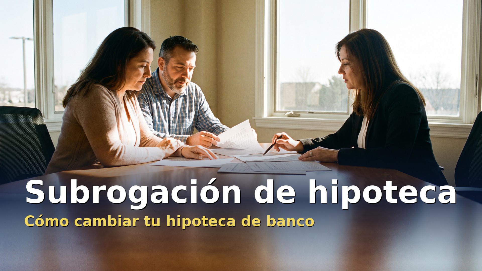 Subrogación de hipoteca: pareja revisando la oferta de cambio de banco con una asesora